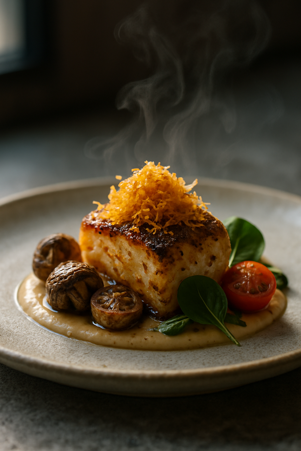 Prato gourmet com filé de peixe grelhado coberto com crosta dourada, acompanhado de cogumelos assados, tomates cereja e folhas de espinafre, servido sobre um purê cremoso. Vapor saindo do prato indica frescor.