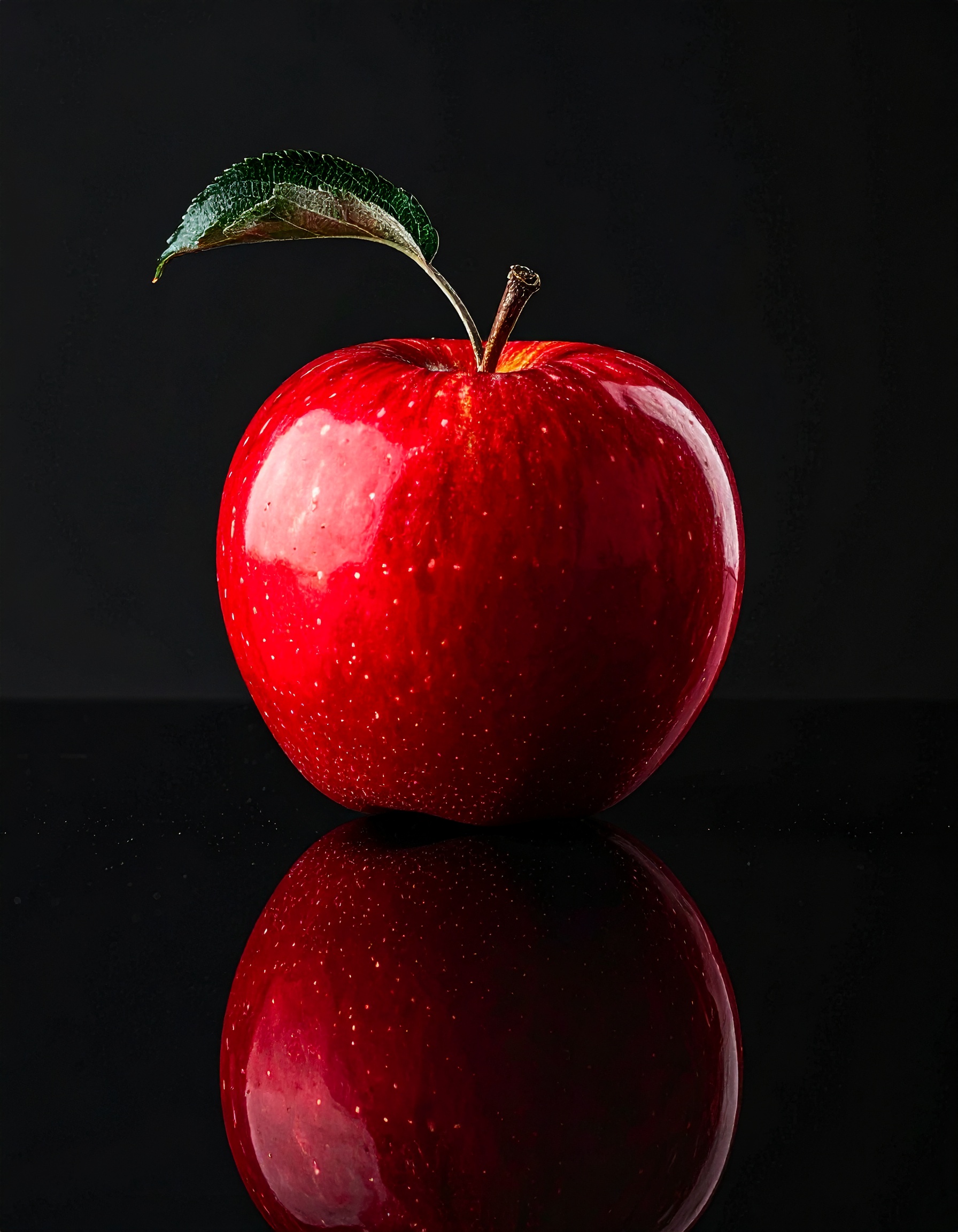 A vibrant red apple stands against a sleek black background, highlighting its glossy surface and
