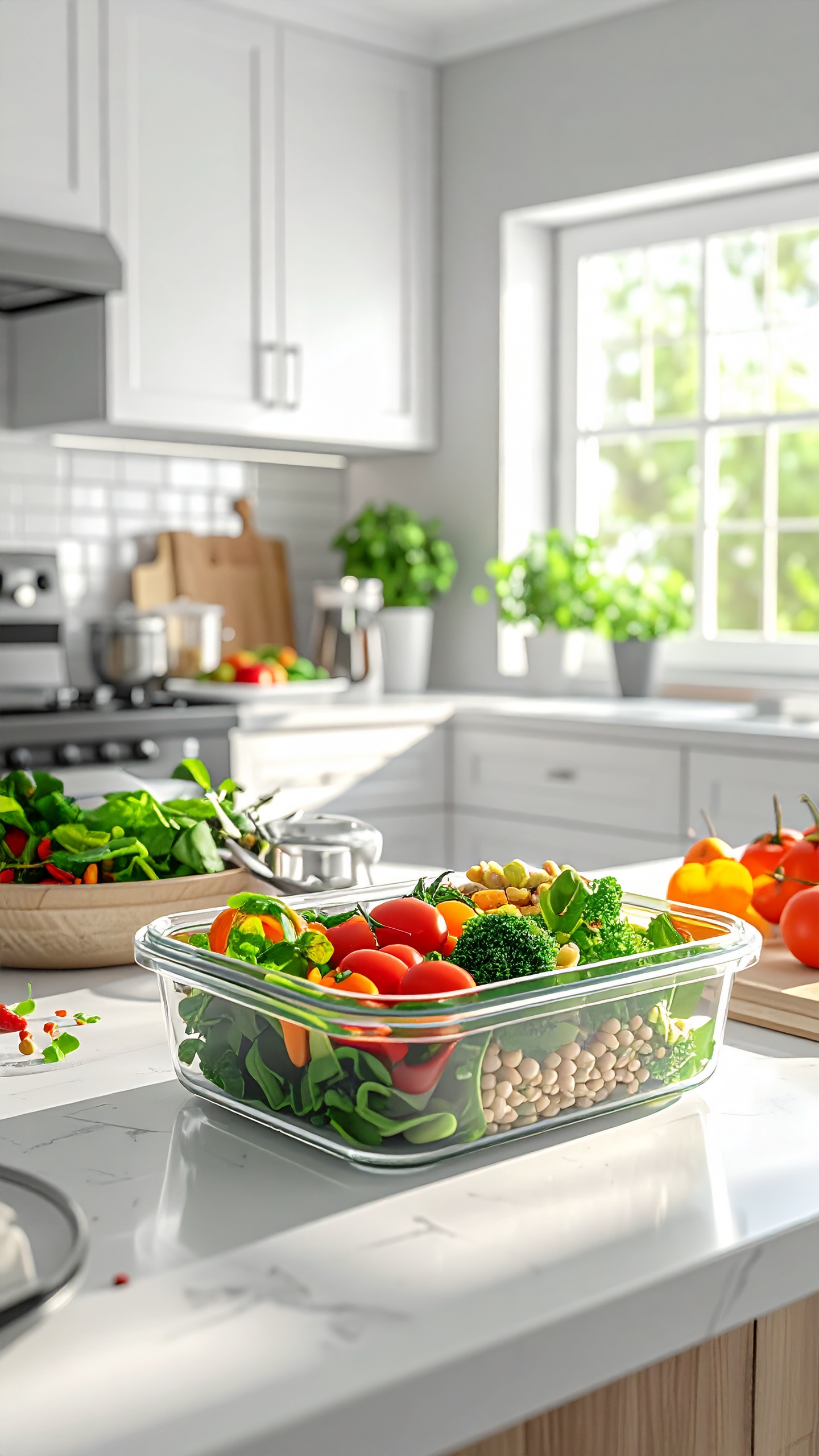 A bright kitchen features a glass container filled with fresh salad ingredients on a marble