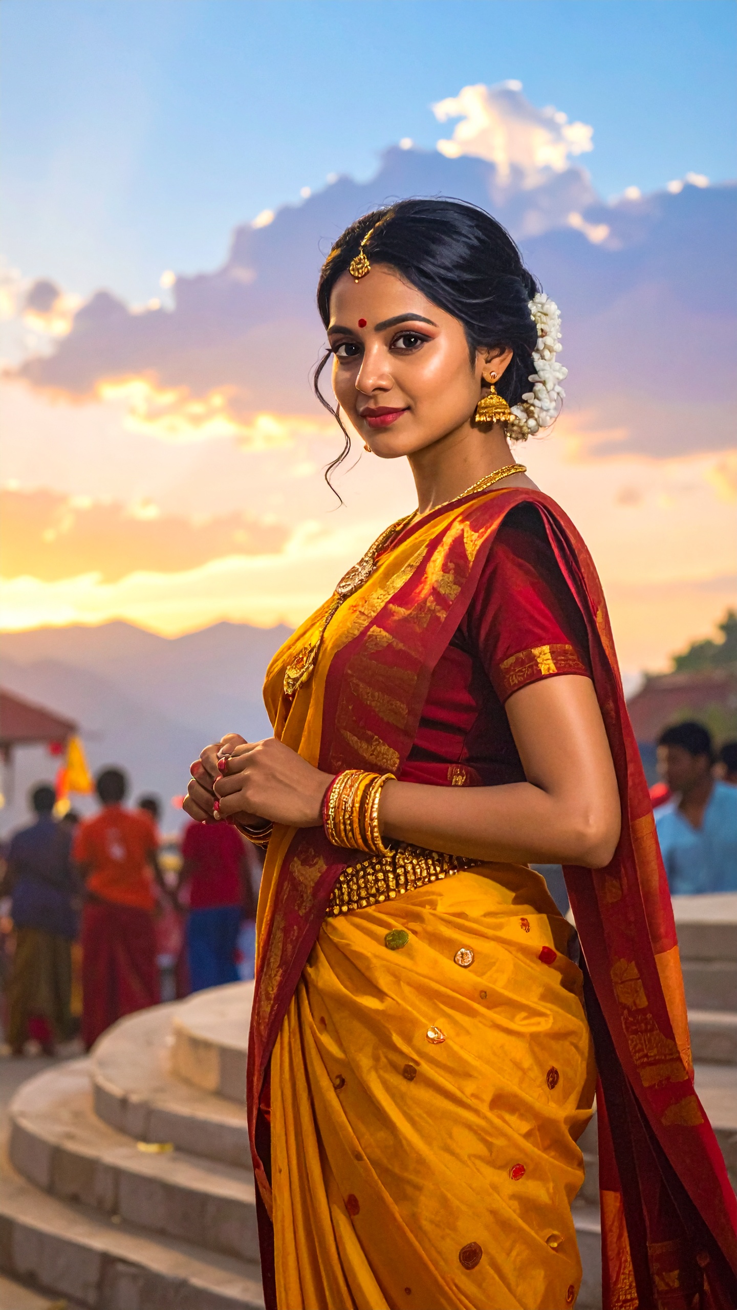 A woman in a vibrant yellow and red saree stands elegantly against a scenic sunset backdrop