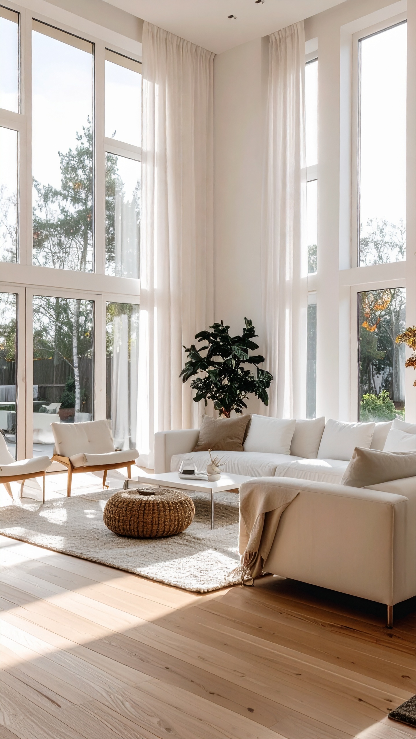 Bright and spacious living room with large windows and modern decor