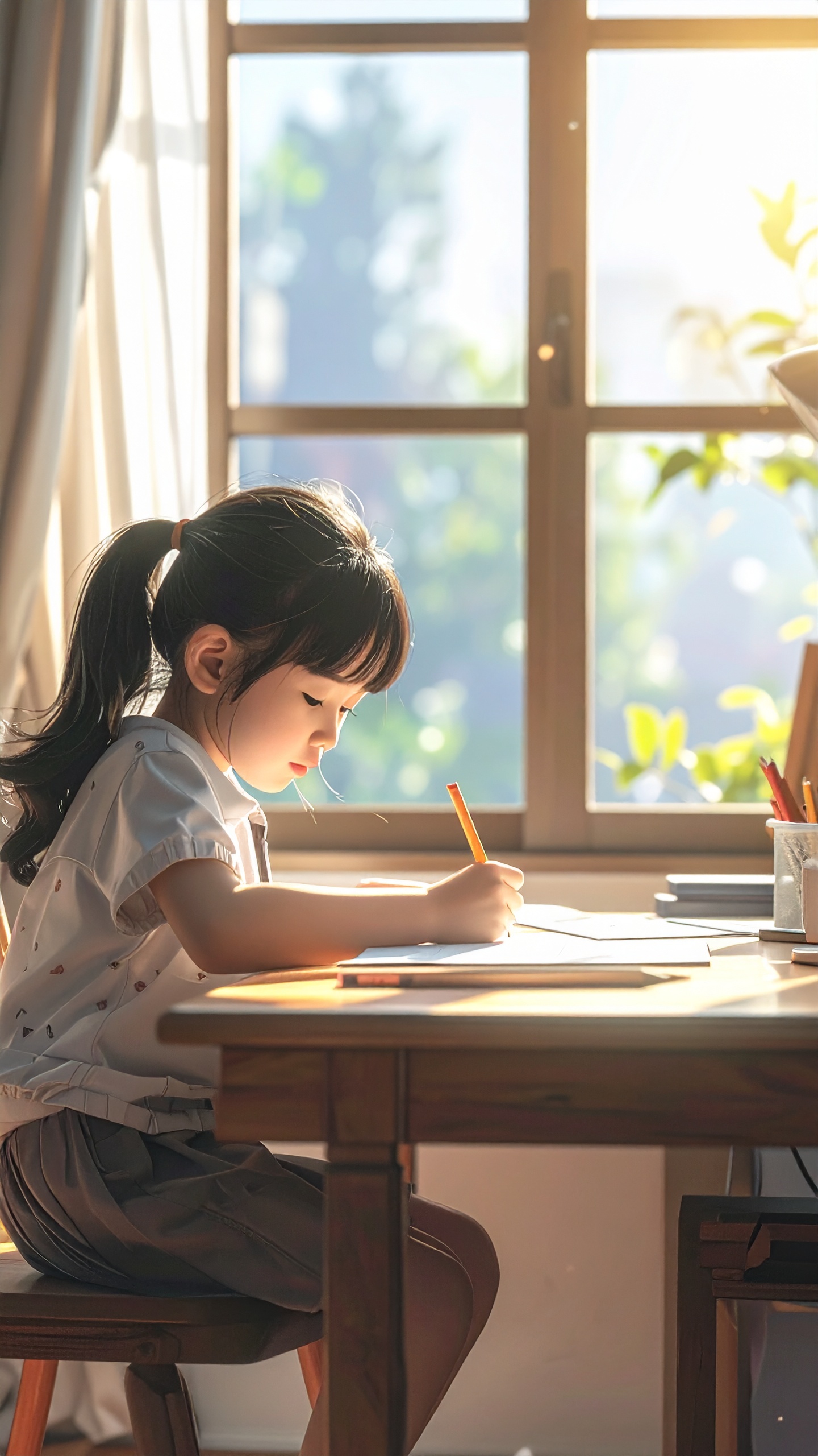A young girl is focused on her studies at a wooden desk, with sunlight streaming
