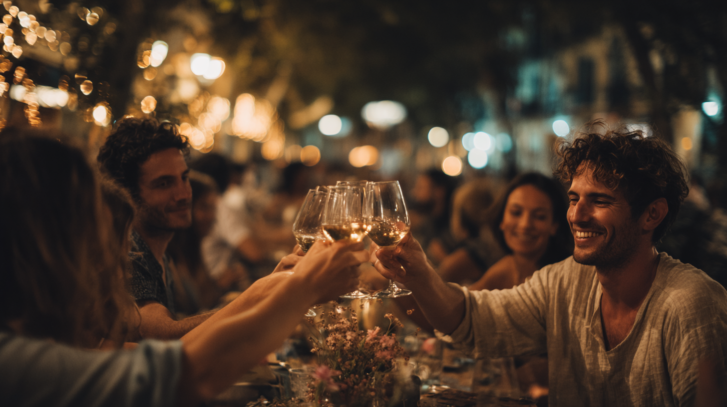 A imagem retrata um grupo de pessoas em um ambiente externo à noite, celebrando com taças de vinho. As cores predominantes incluem tons quentes de dourado e amarelo, resultantes das luzes de fundo e do vinho nas taças, contrastando com os tons mais escuros do ambiente noturno. A composição é centrada nos indivíduos que brindam, com um fundo desfocado que sugere um ambiente festivo e acolhedor.