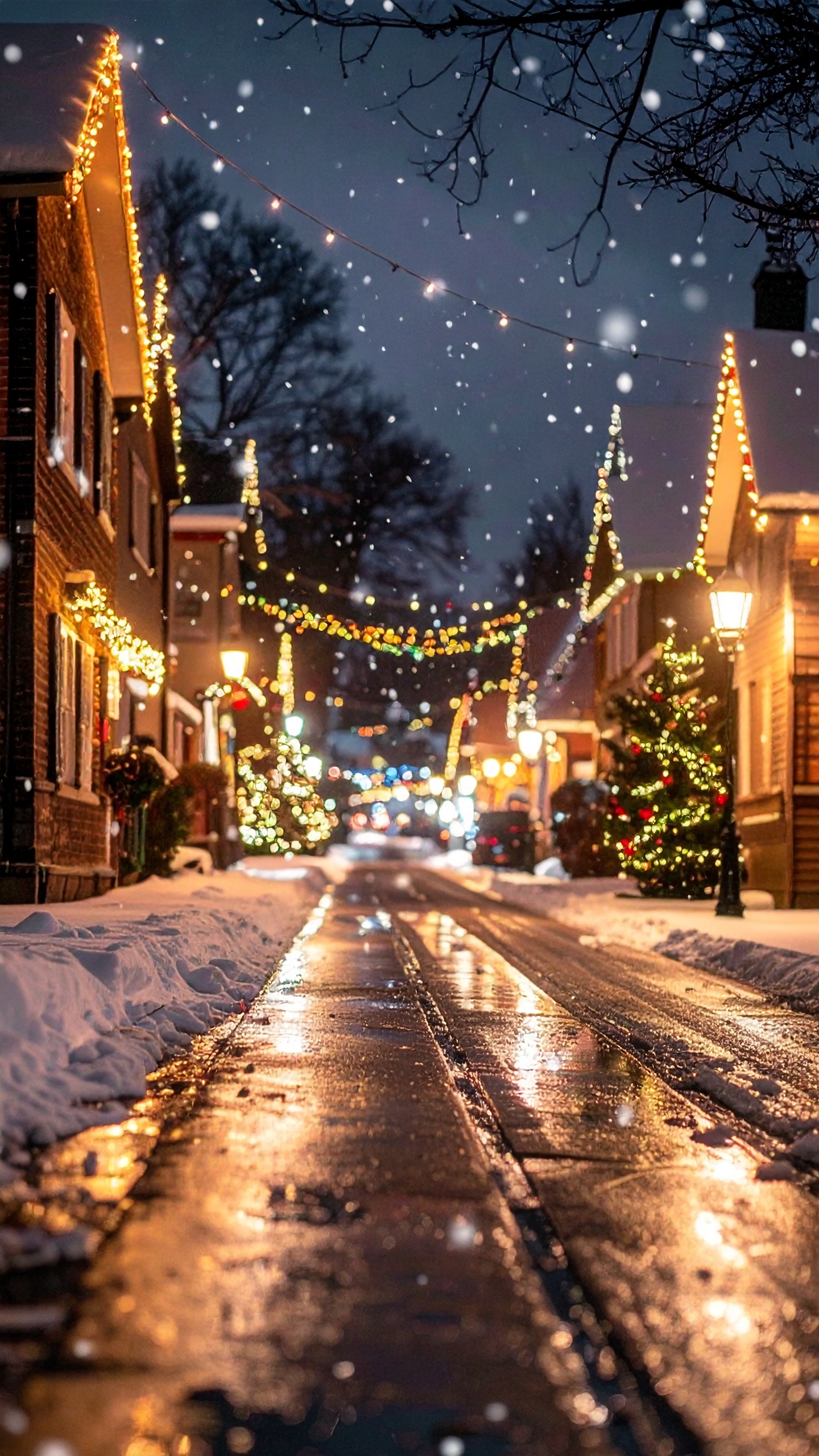 Snowy Street at Night with Christmas Lights