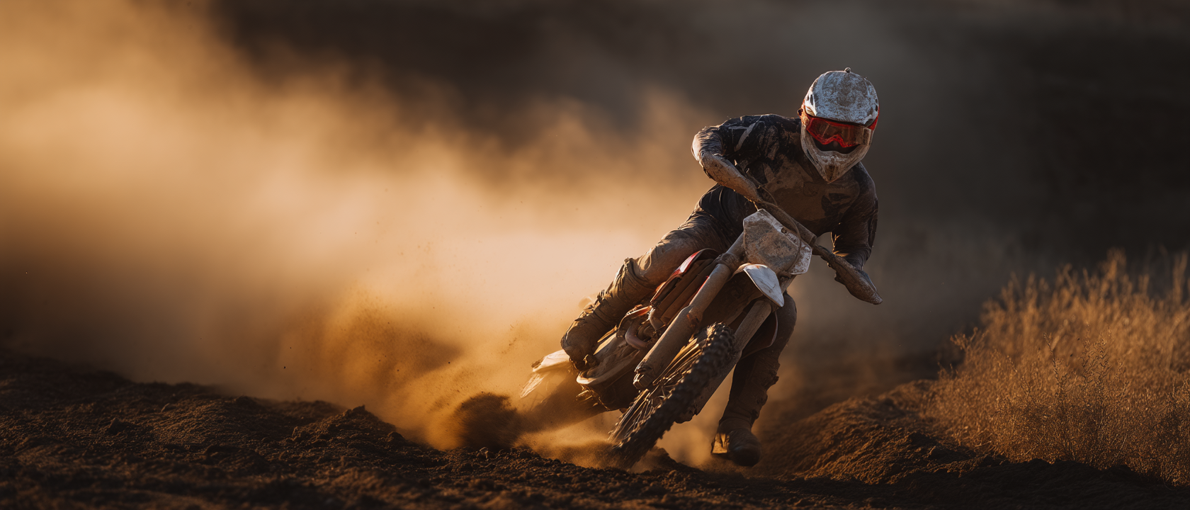 Um piloto de motocross em ação, fazendo uma curva em alta velocidade enquanto levanta poeira em um cenário ao entardecer. A imagem captura a adrenalina e emoção do esporte off-road.
