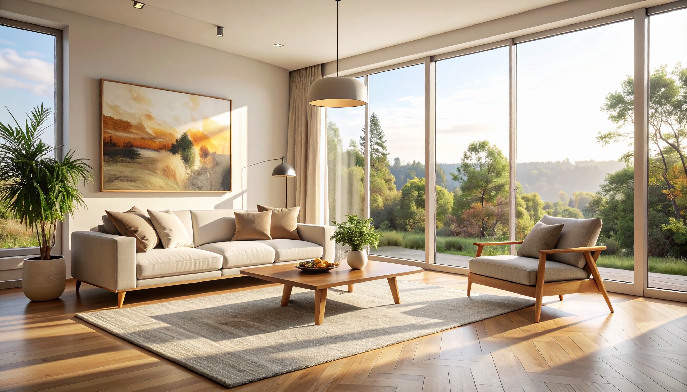 Bright living room with modern furniture and large windows overlooking a serene landscape