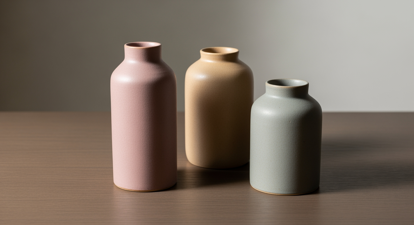 Three minimalist ceramic vases are arranged on a wooden surface, each in a distinct matte