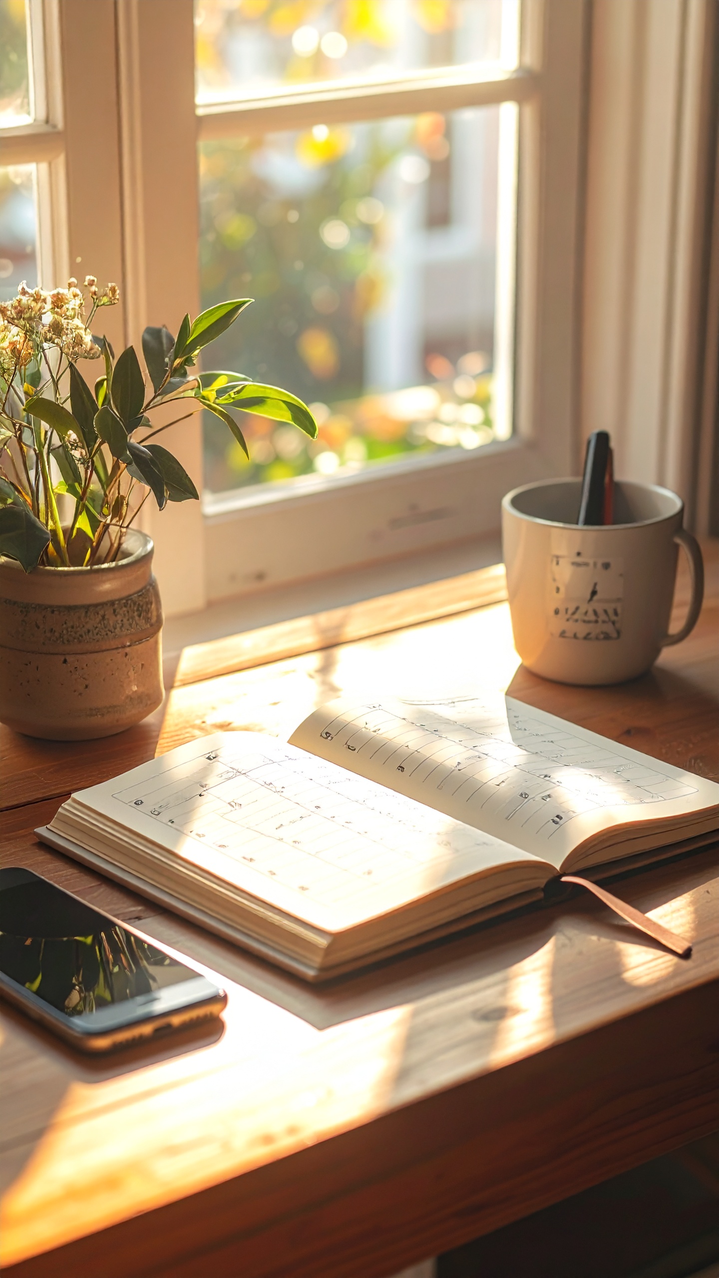 A sunlit desk features an open planner, a smartphone, and a coffee mug, creating an