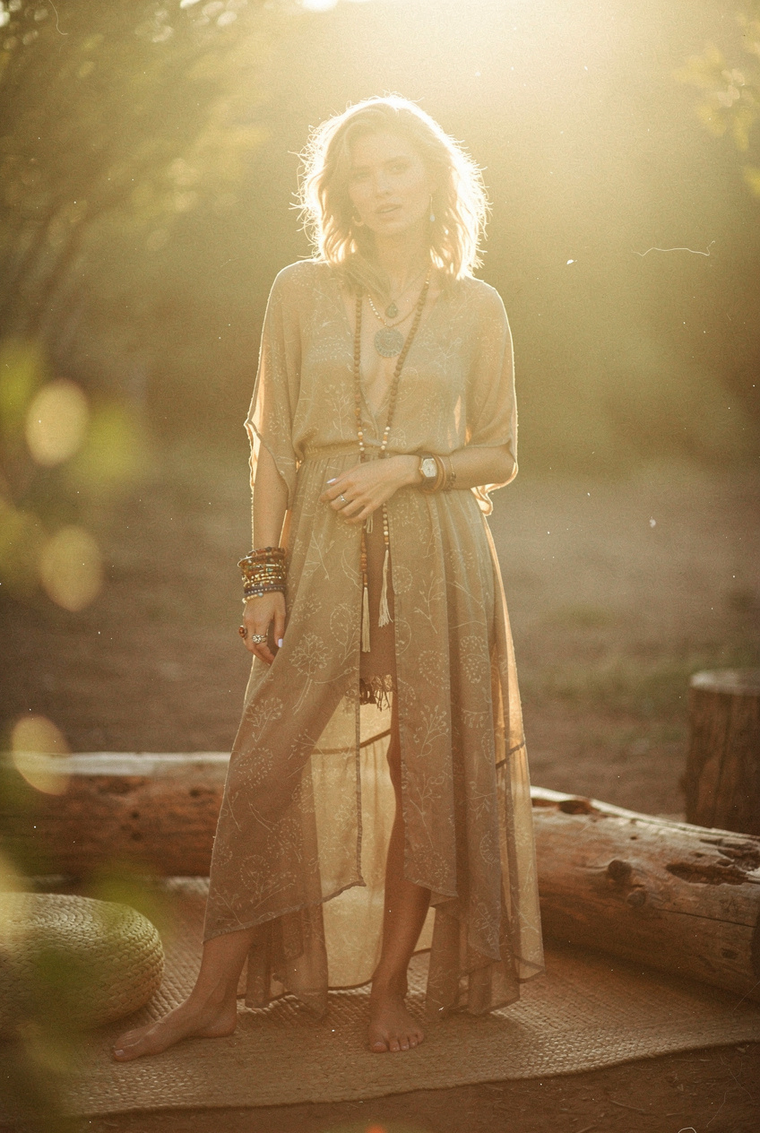 A woman in a flowing, bohemian-style dress stands in a sunlit outdoor setting, exuding an