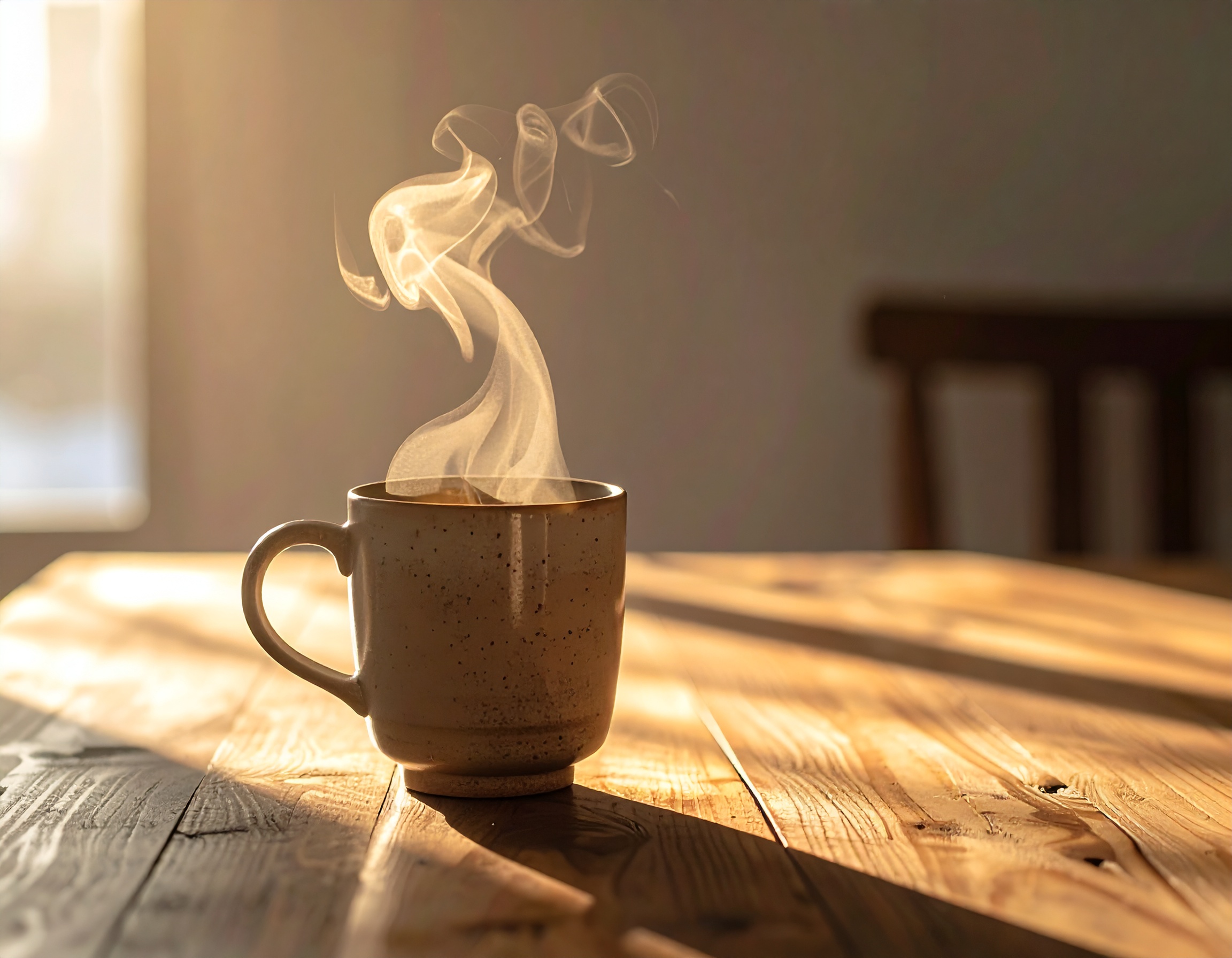Ceramic Mug with Steam on Sunlit Wooden Table