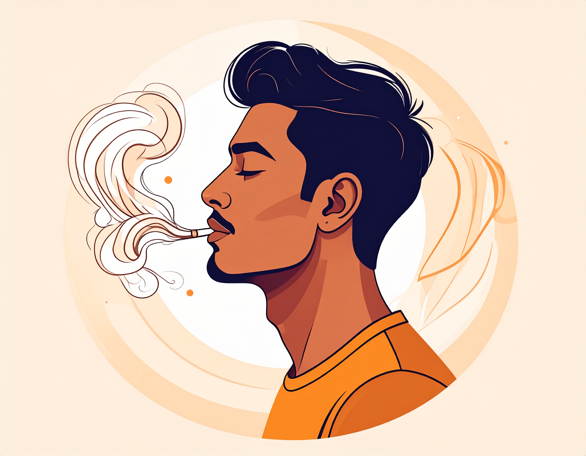 A stylized illustration depicts a person exhaling smoke from a cigarette with swirling patterns