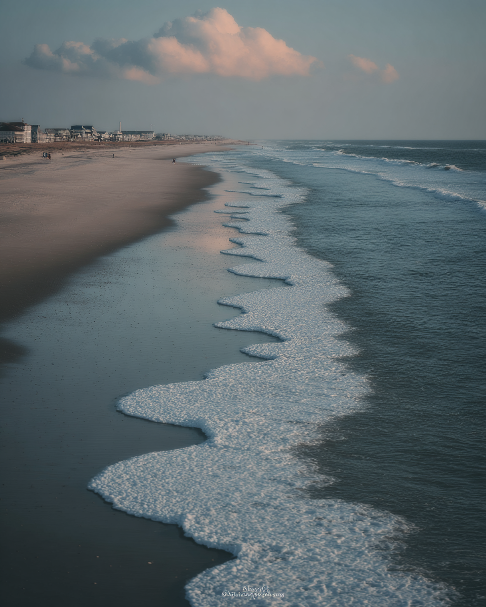Imagem de uma praia ao entardecer com suaves ondas quebrando na areia. A luz dourada do sol poente ilumina as nuvens no céu azul suave, criando uma atmosfera tranquila e serena. Algumas construções estão visíveis ao longo da costa distante, adicionando um toque humano à paisagem natural. O foco está na linha de espuma das ondas, que forma um padrão repetitivo e estético na areia molhada. A composição é equilibrada com uma perspectiva que guia o olhar ao longo da costa.