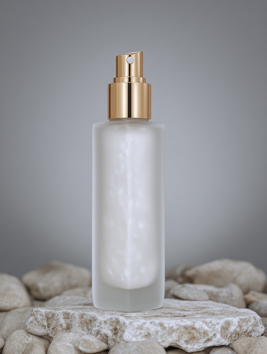 Frasco de spray elegante com acabamento fosco e tampa dourada, posicionado sobre pedras naturais, fundo cinza suave realçando a simplicidade e sofisticação do design minimalista.