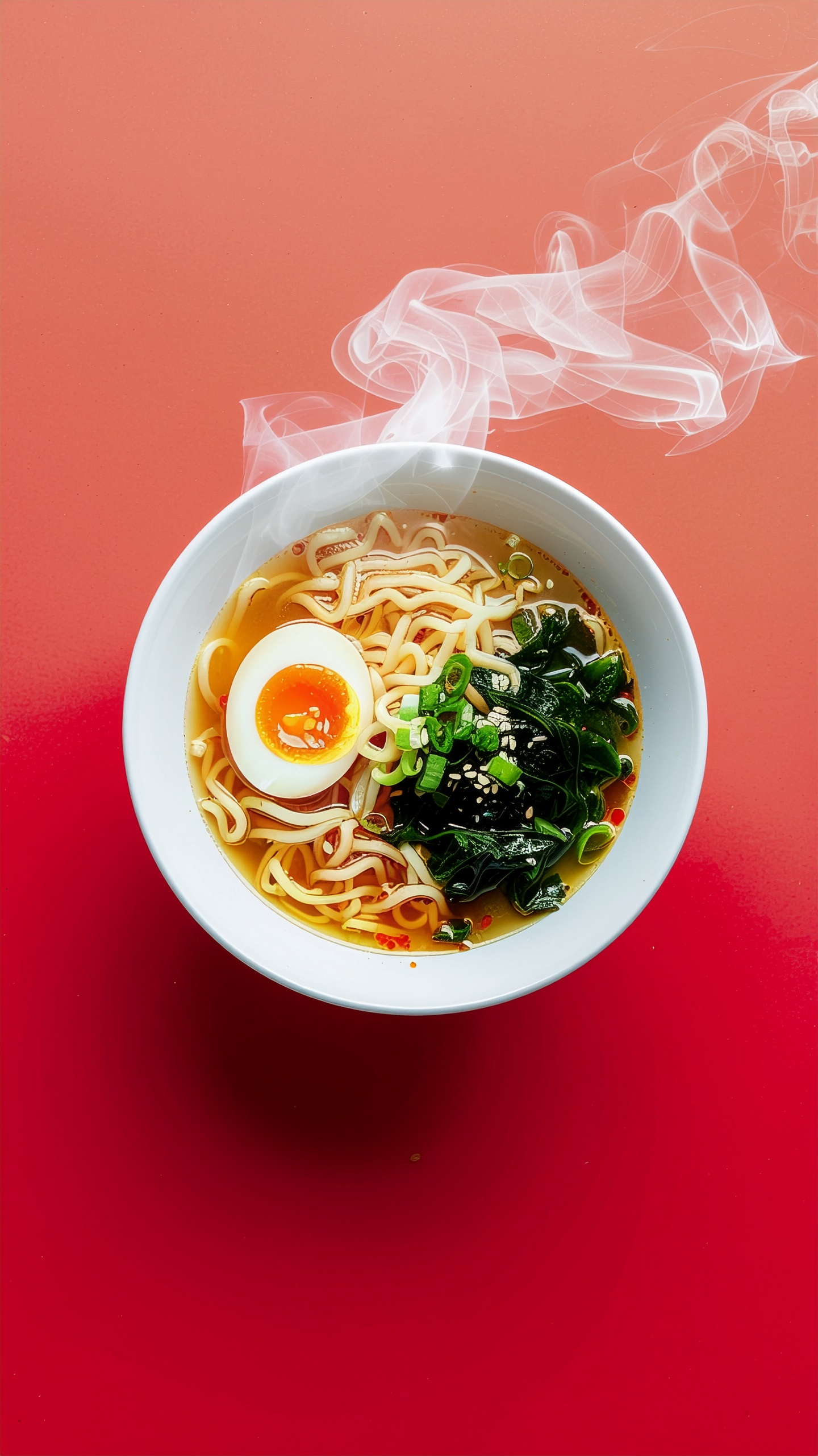 Tigela de ramen quente com ovo cozido ao ponto, cebolinha e algas em caldo aromático, sobre fundo vermelho vibrante. A fumaça sinuosa sugere calor e frescor. Composição minimalista capturada de cima com foco preciso, destacando a textura dos ingredientes e a cor rica do caldo.