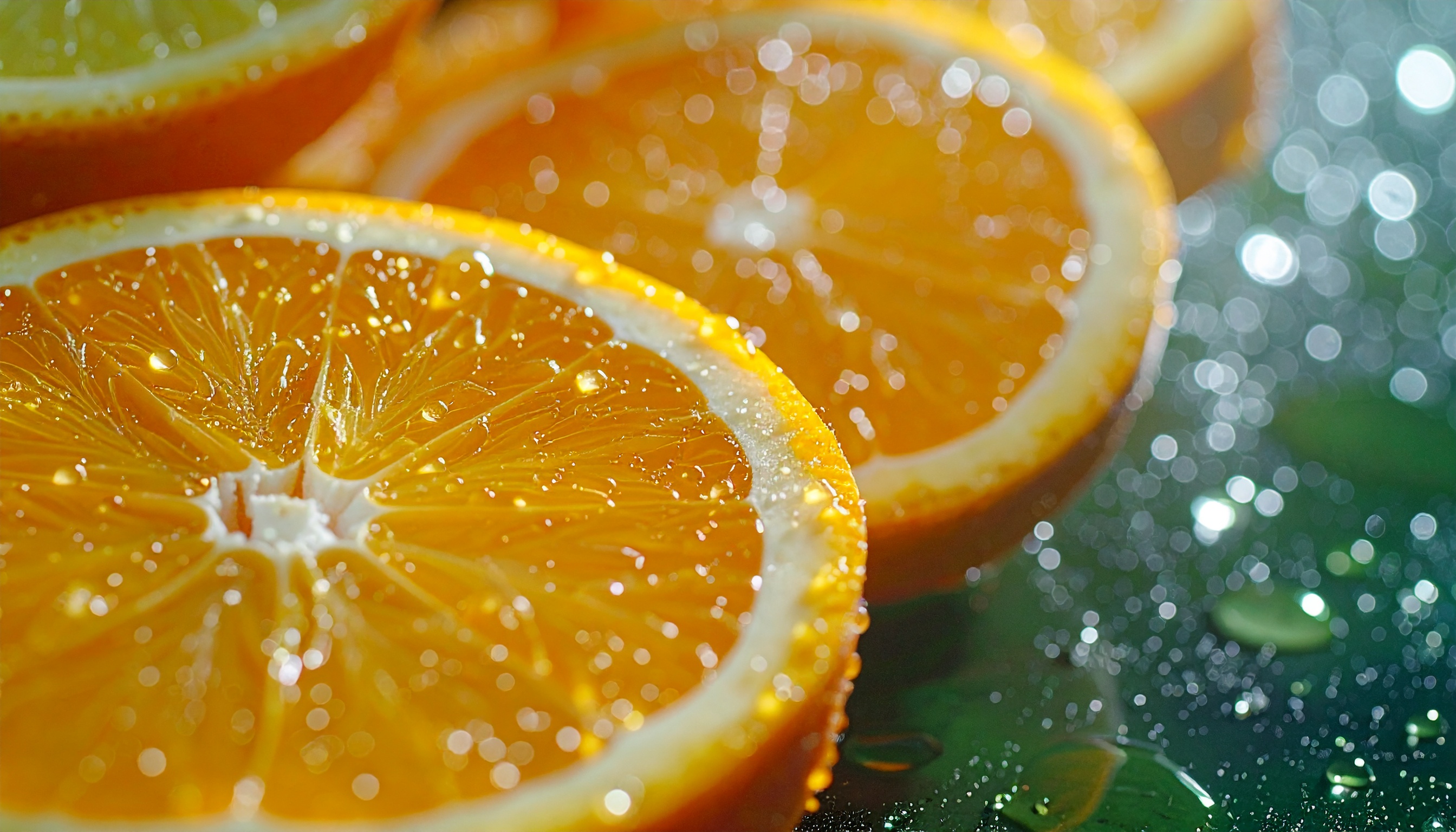 Close-up vibrante de fatias de laranja frescas sobre superfície molhada, destacando gotas de água brilhantes e textura suculenta, evocando frescor e vitalidade.
