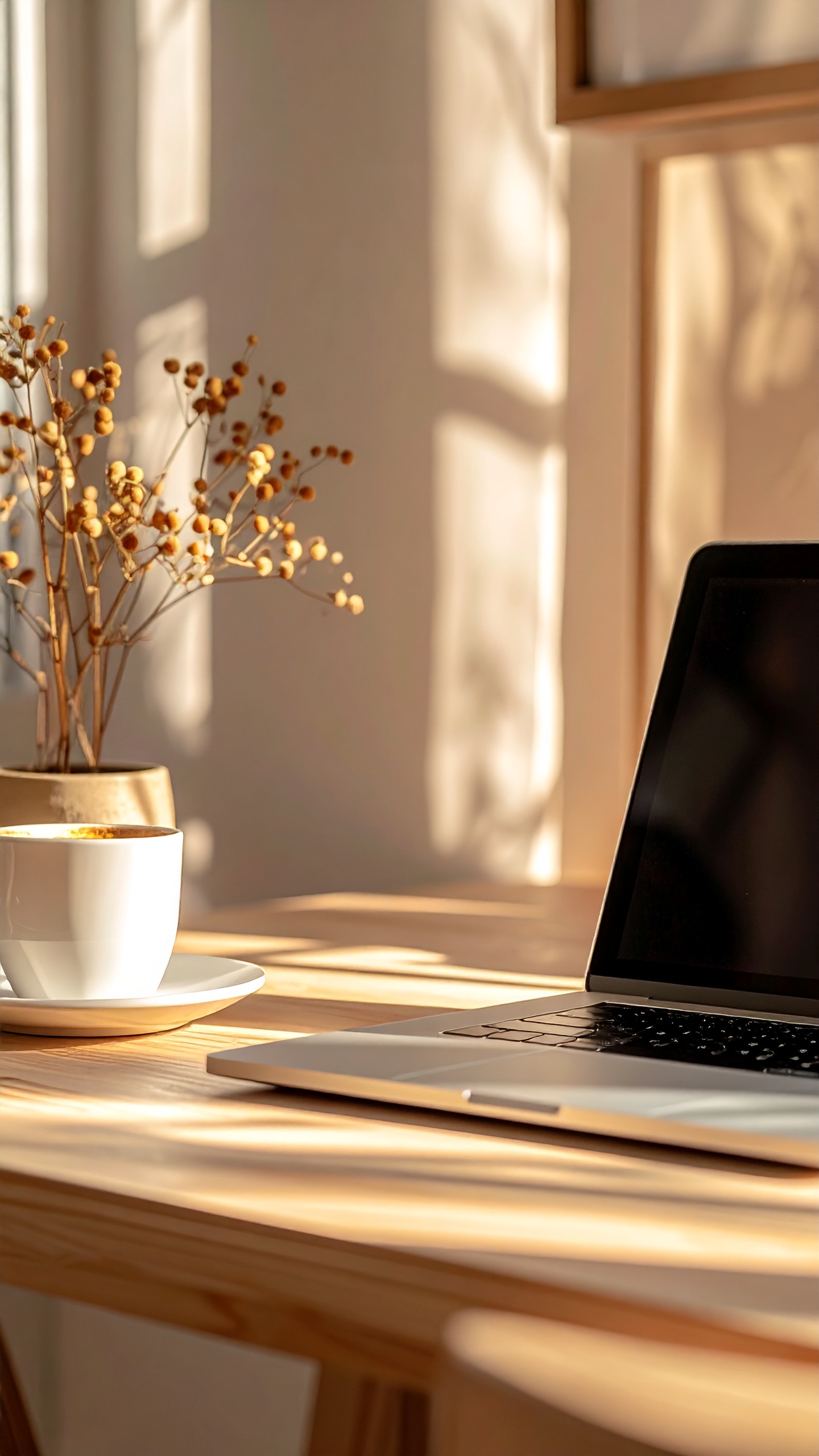 Mesa de madeira clara iluminada pelo sol, com um laptop preto, xícara de café branca e arranjo de flores secas em vaso dourado.
