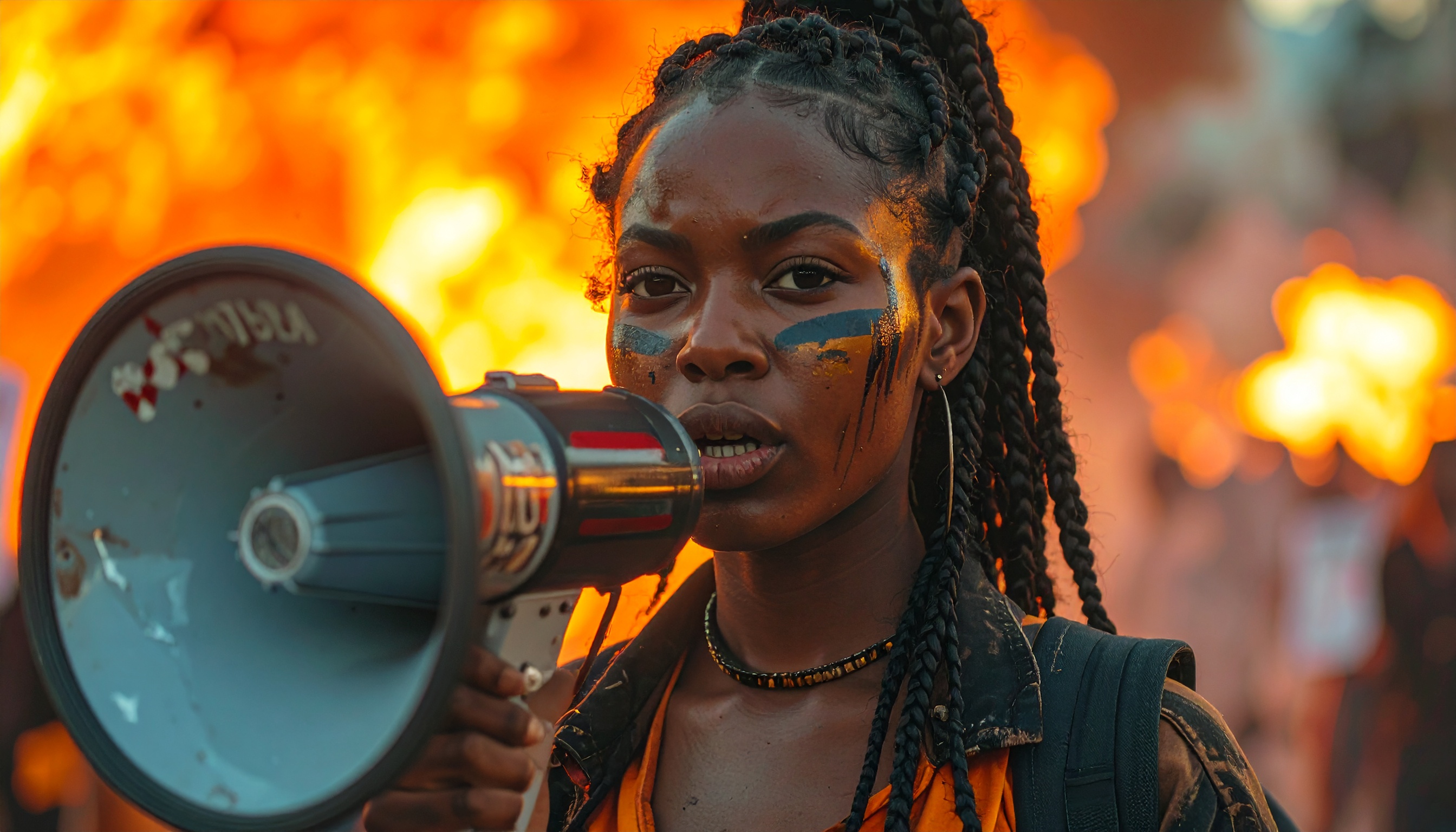 A woman with face paint holds a megaphone against a backdrop of flames