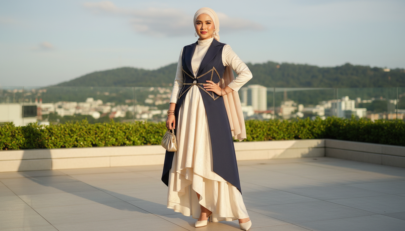 A woman stands elegantly on a rooftop terrace, wearing a stylish cream and navy outfit