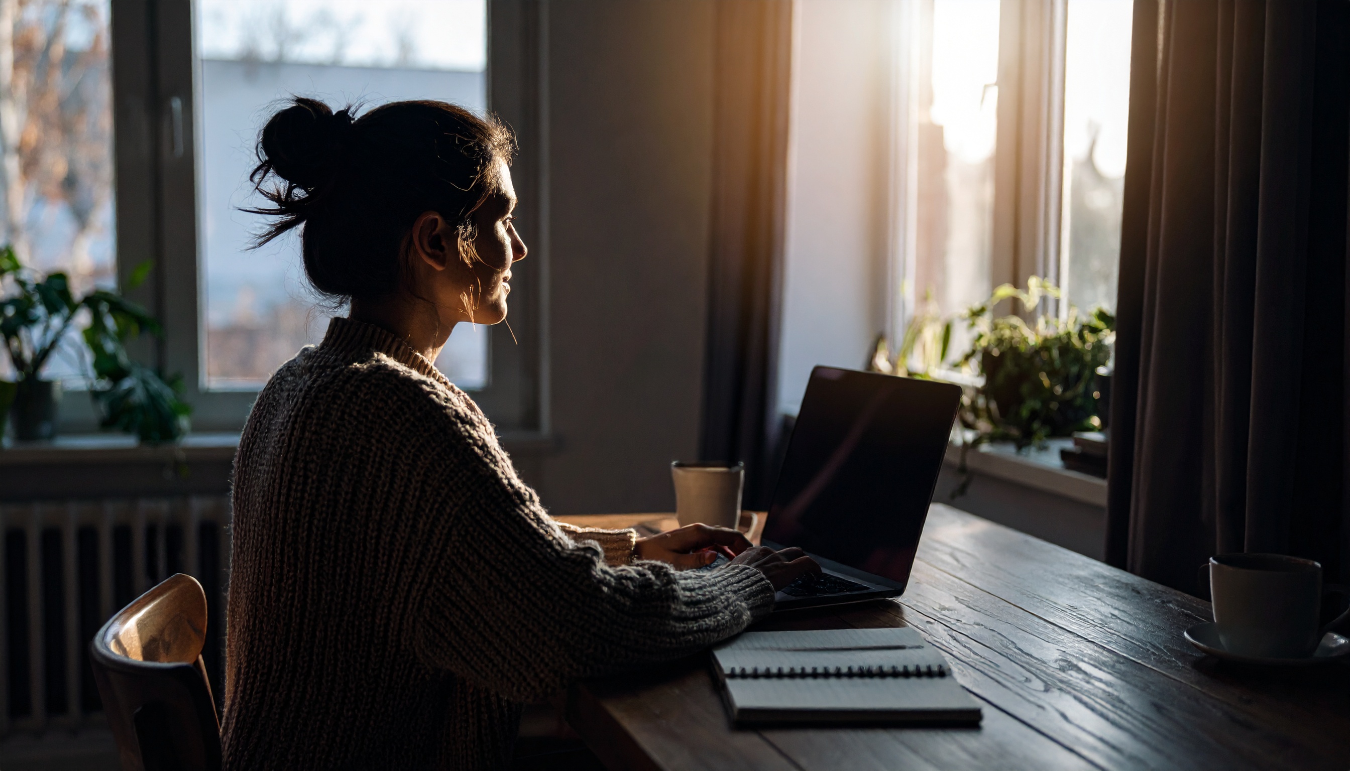 Cena acolhedora com luz suave do pôr do sol iluminando uma mulher em suéter grosso, trabalhando em laptop perto de janela com plantas.