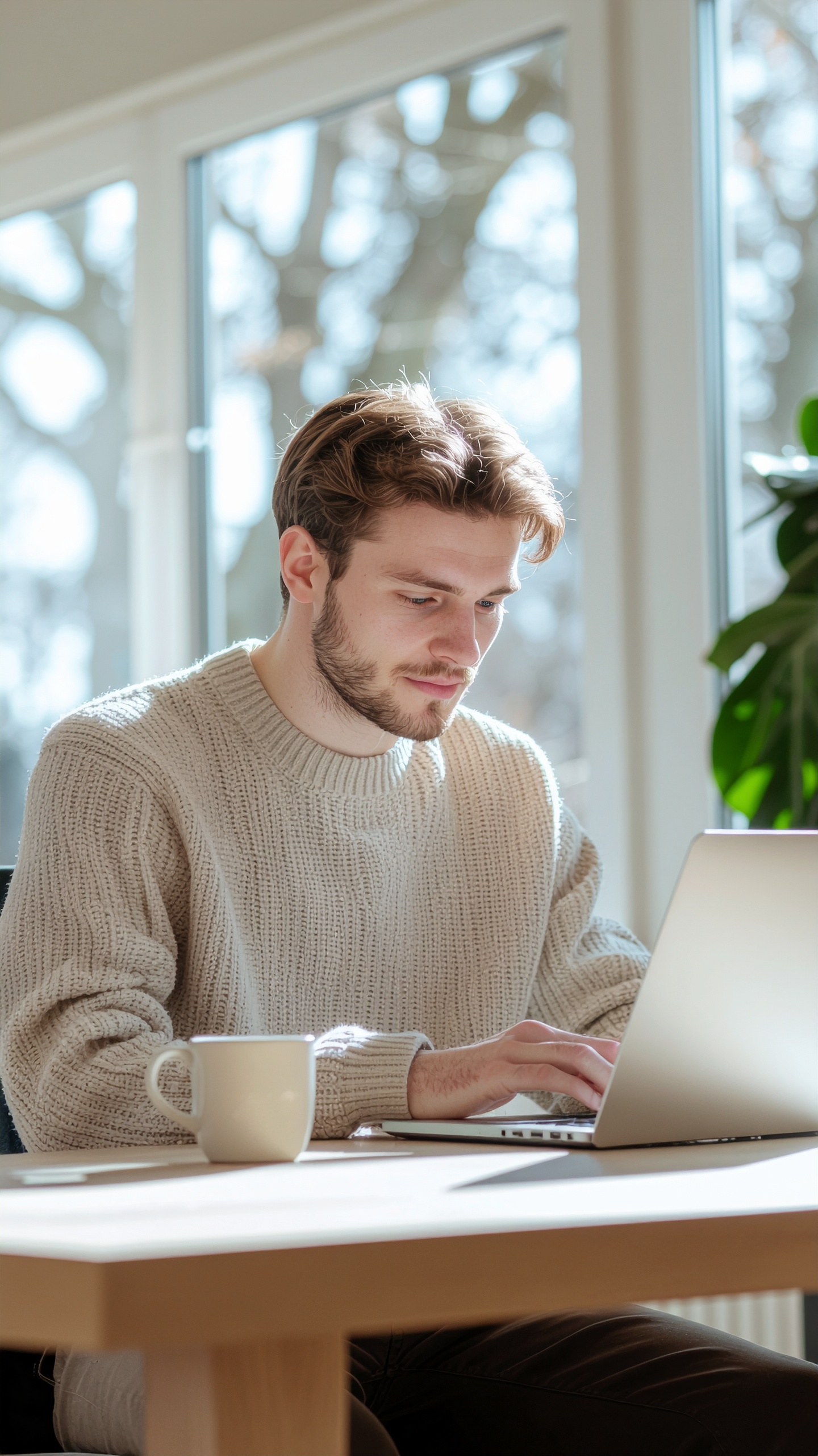 A man in a cozy sweater works on a laptop by a bright window