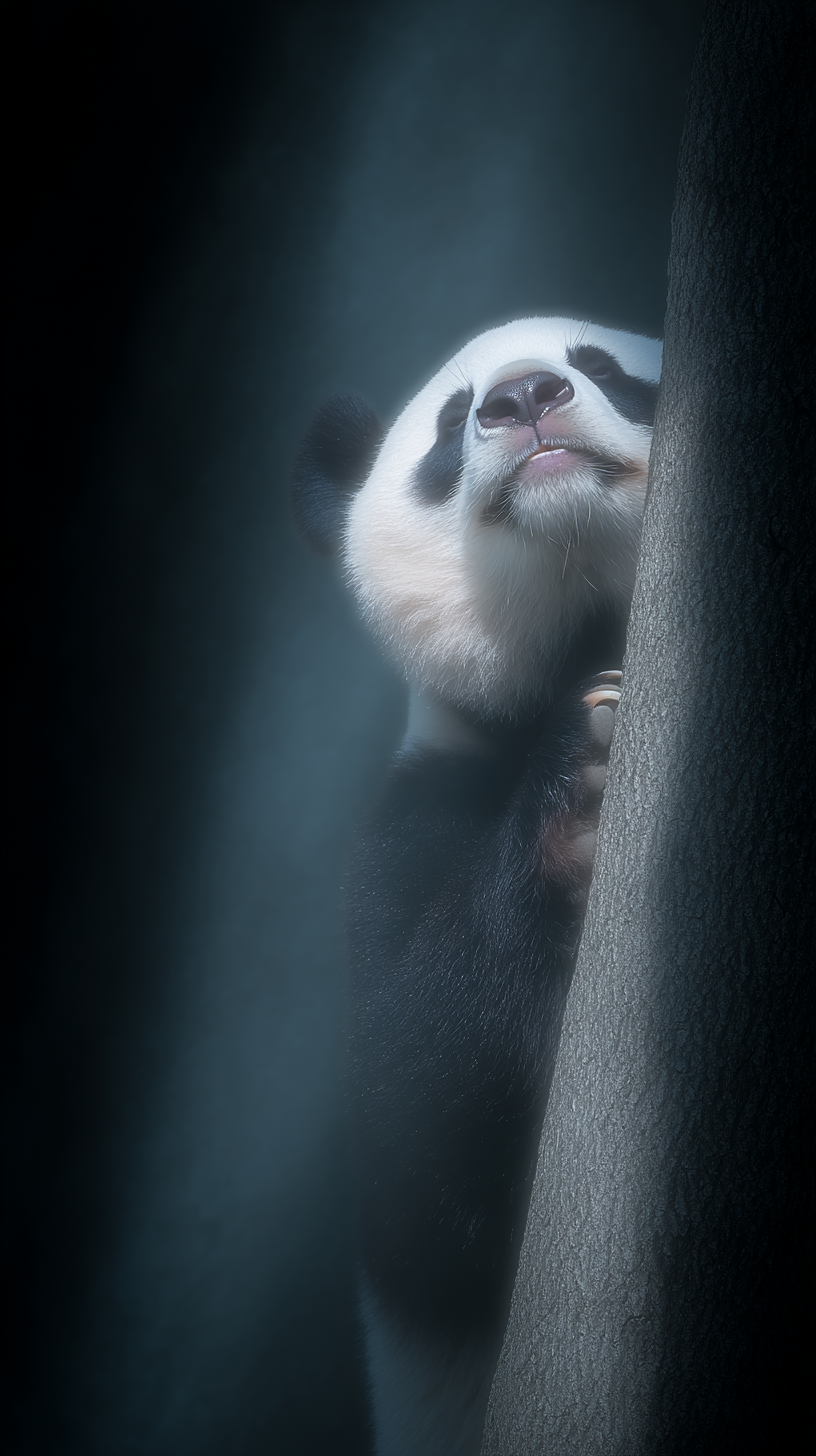 Um panda gigante é retratado abraçando uma árvore em um ambiente escuro e enevoado. A iluminação suave realça as cores contrastantes do preto e branco do pelo do panda. A composição transmite uma sensação de tranquilidade e mistério, com foco suave e profundidade de campo limitada destacando o animal contra o fundo nebuloso.