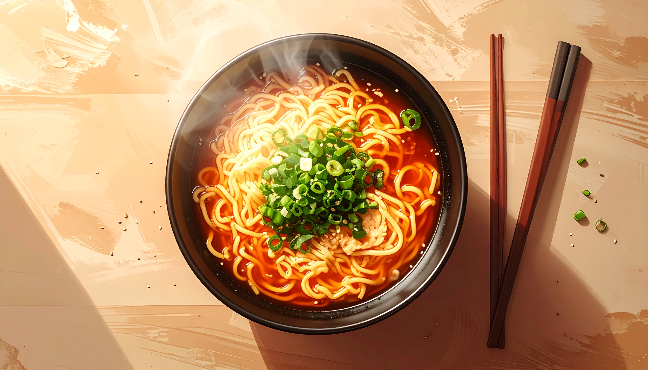 Ramen servido em tigela preta com cebolinha fresca sobre mesa clara. Ideal para refeições rápidas e saborosas, trazendo o autêntico sabor asiático para sua mesa. As cores vibrantes do caldo e a textura dos noodles são realçadas pelo vapor suave que sobe da tigela. Perfeito para um jantar aconchegante em noites frias ou encontros informais. A combinação de ingredientes frescos e caldo rico oferece uma experiência culinária deliciosa e reconfortante.