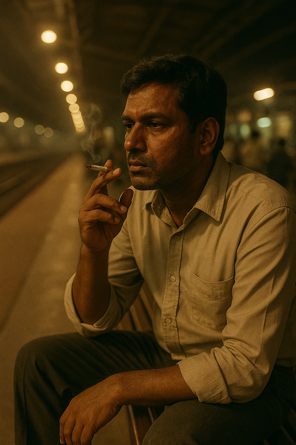 A contemplative man sits on a bench at a dimly lit train station, holding a cigarette