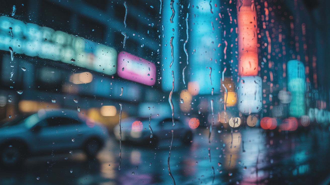 Cena urbana noturna através de uma janela molhada pela chuva, destacando luzes de néon desfocadas e carros em movimento ao fundo, criando uma atmosfera vibrante e melancólica. A composição utiliza um foco suave e reflexos coloridos, com um ângulo frontal que acentua a textura das gotas de água no vidro.