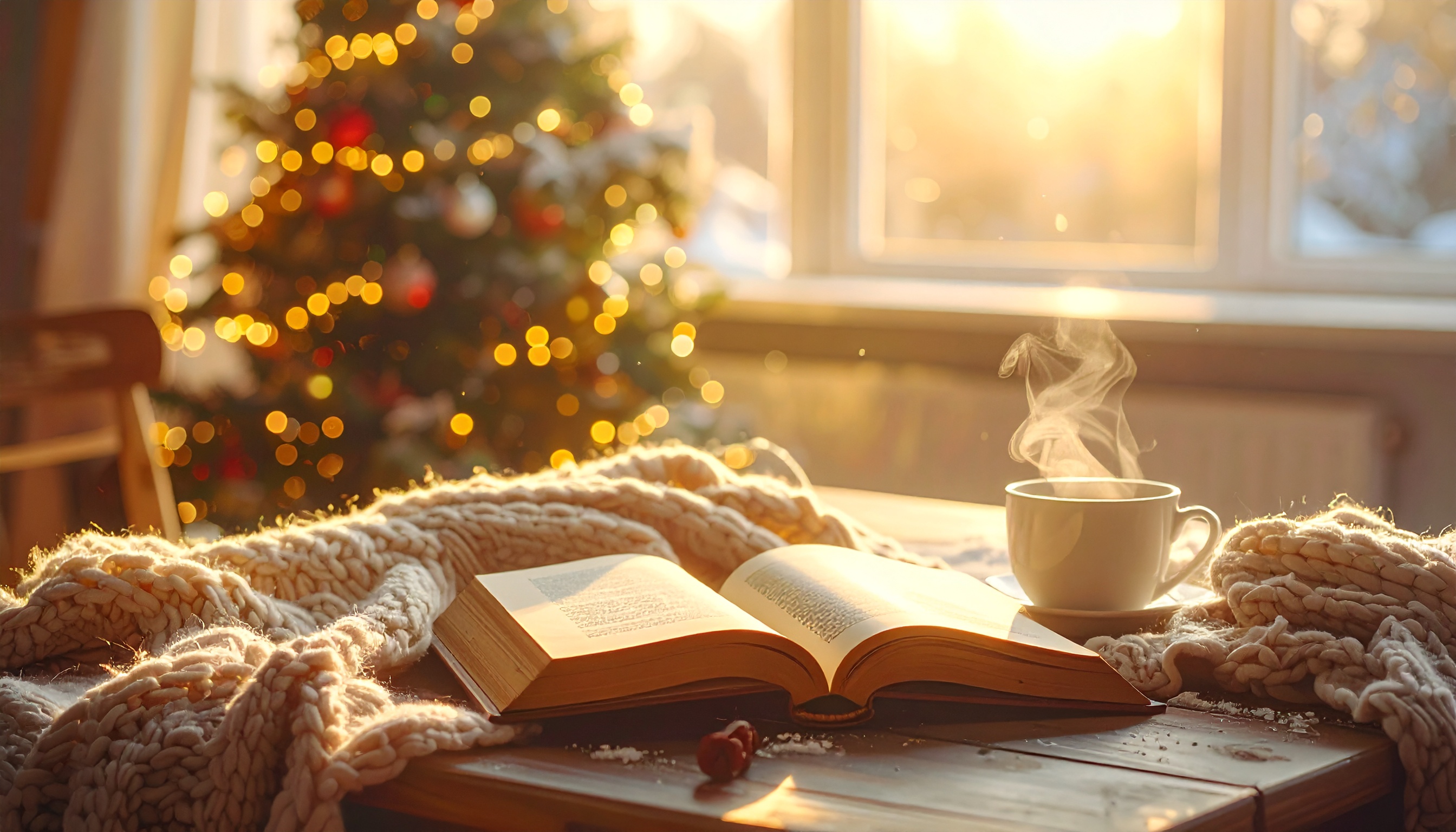 Cozy Winter Scene with Open Book and Coffee