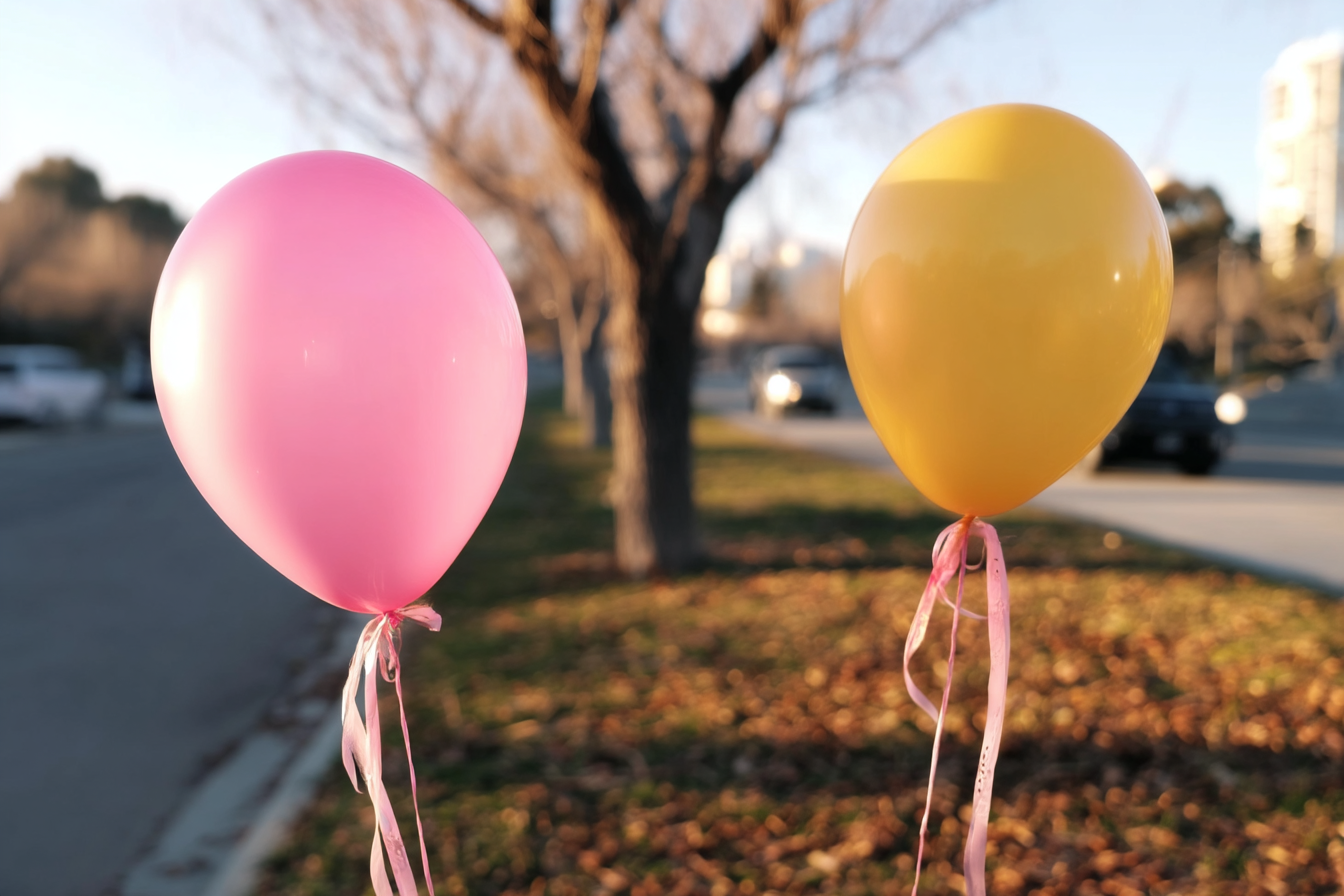A imagem apresenta dois balões, um rosa e um amarelo, flutuando em um ambiente externo. O fundo é composto por árvores sem folhas e um caminho pavimentado. A iluminação é suave, sugerindo um horário próximo ao pôr do sol, com um tom quente predominante.