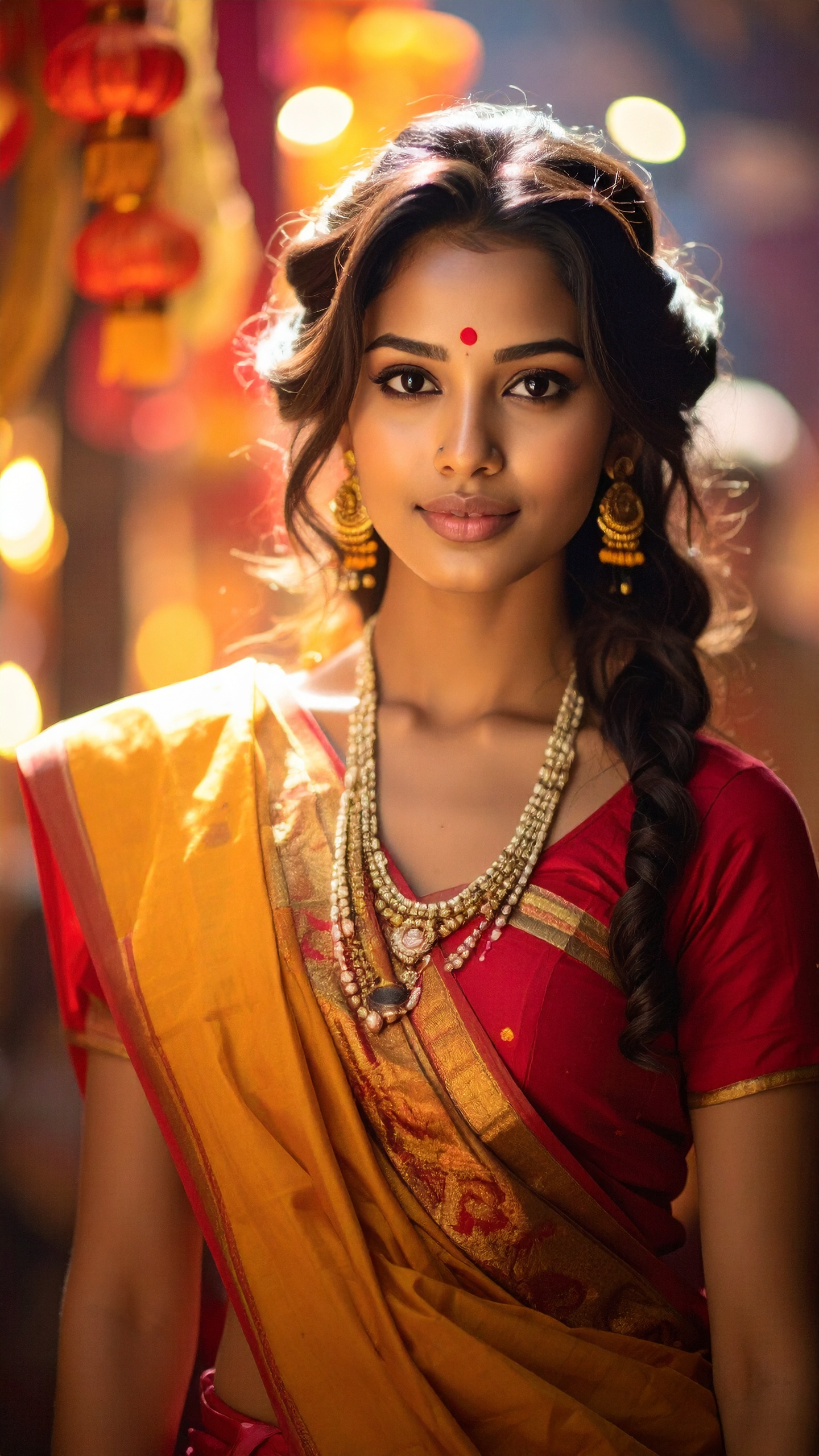 A woman adorned in a traditional Indian saree stands gracefully