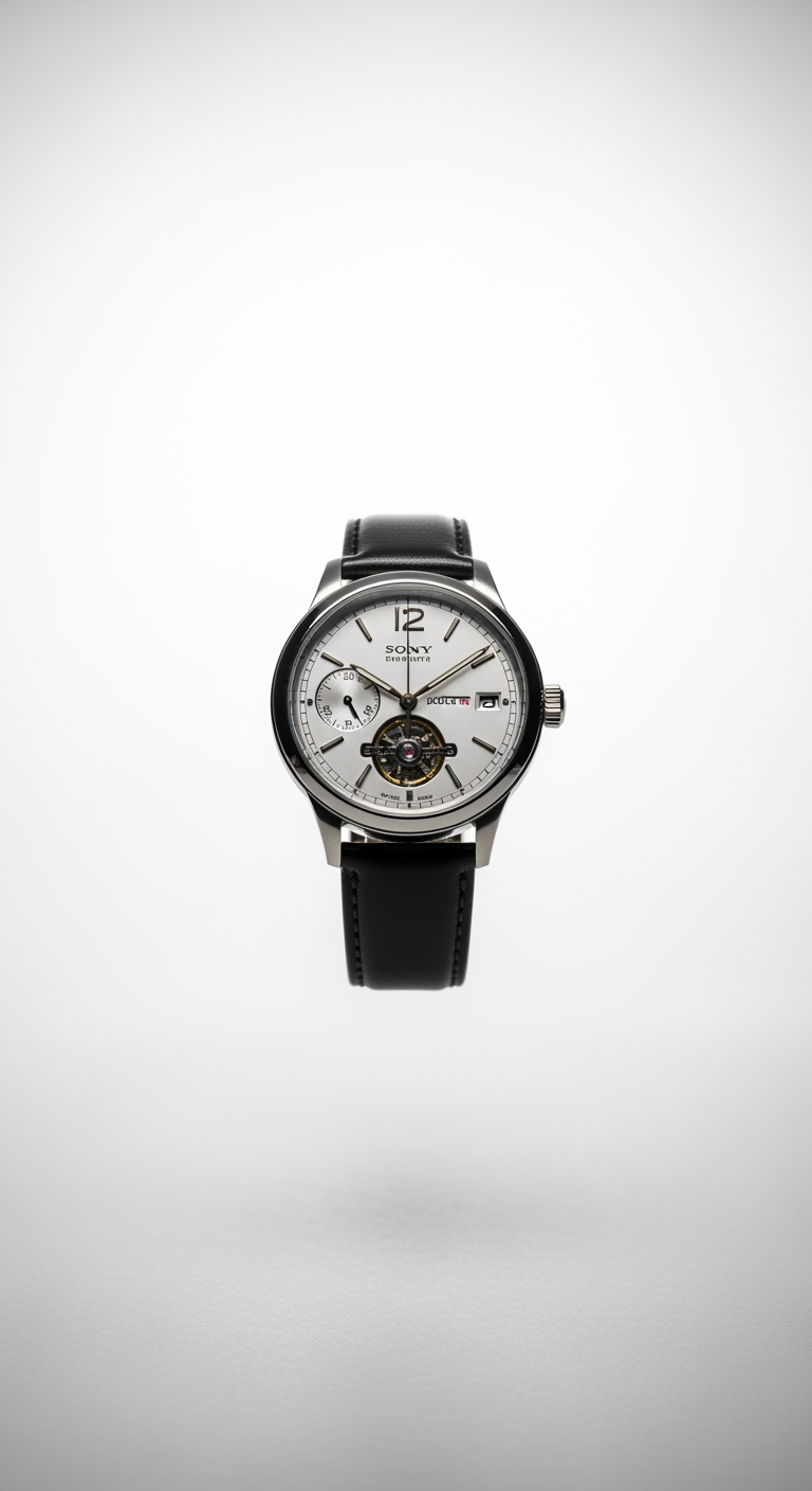 Elegant wristwatch design with a sleek black leather strap and a detailed silver dial