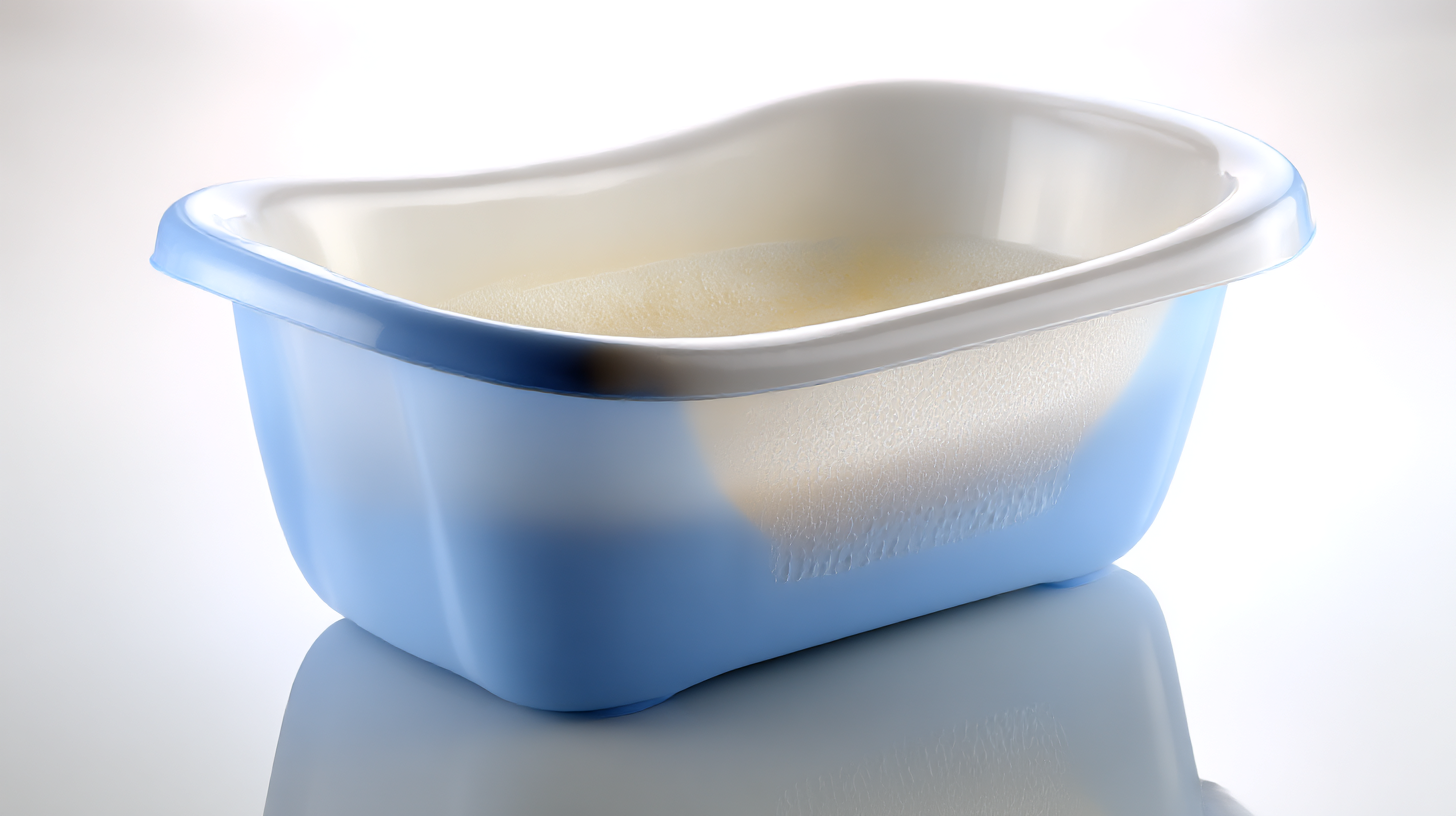 A imagem apresenta uma bacia plástica com um design suave e arredondado. A parte externa é de um tom azul claro, enquanto a parte interna é branca, criando um contraste sutil. A superfície da bacia reflete a luz, o que sugere um acabamento brilhante e liso. O fundo é neutro, destacando o objeto.