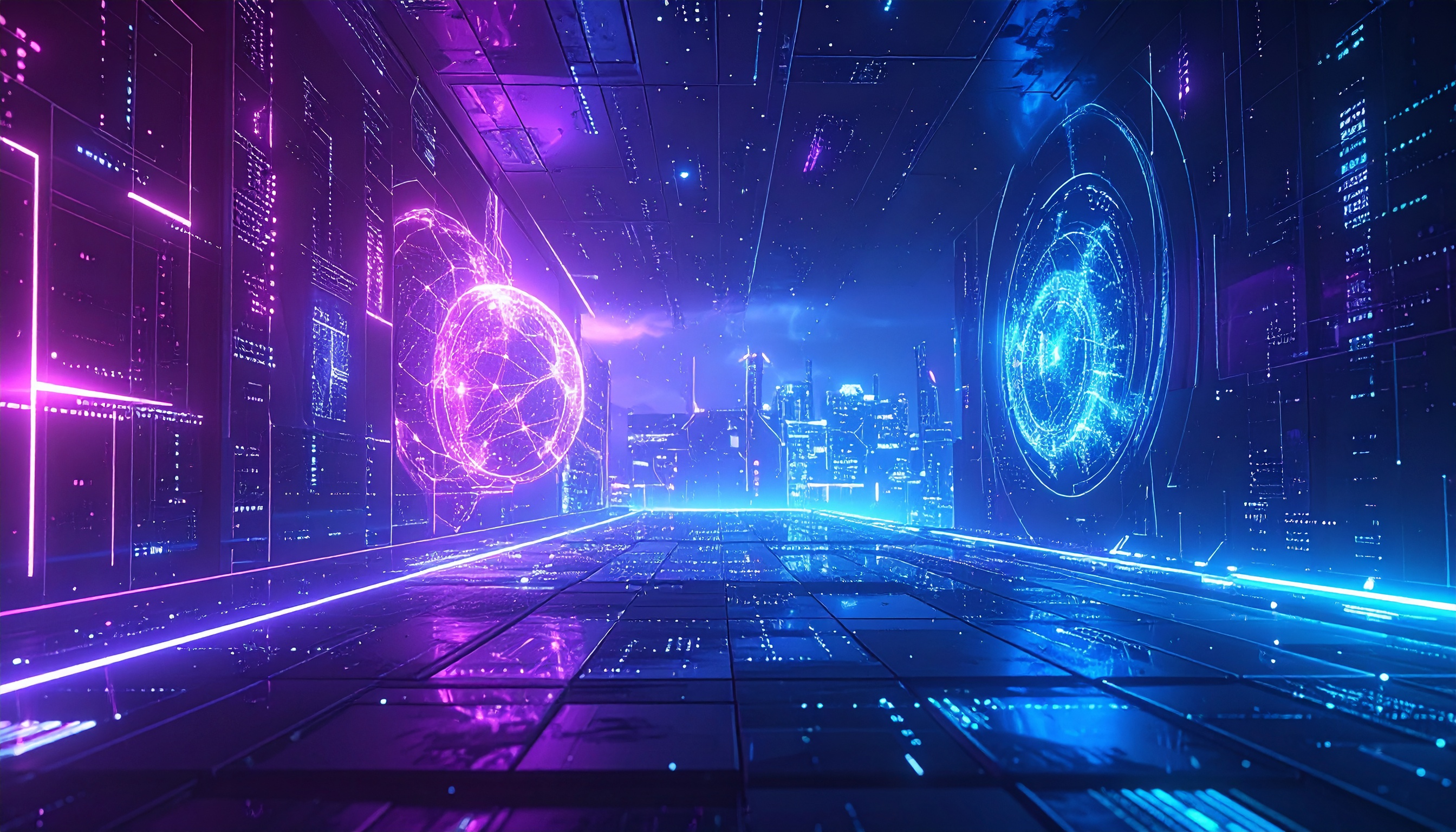 A futuristic digital cityscape with vibrant neon colors