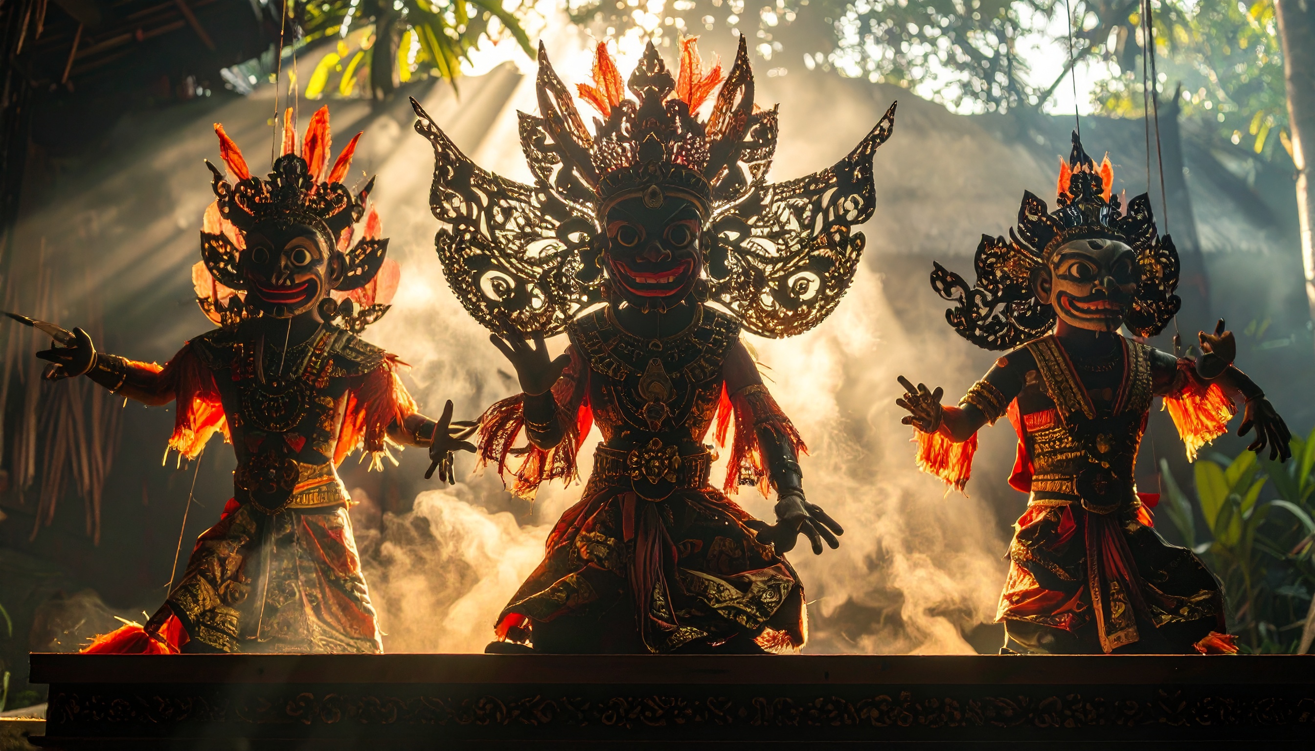 Máscaras balinesas teatrais em um cenário dramático de luz e sombra. Essas máscaras são usadas em performances culturais que evocam tradições espirituais de Bali. Os detalhes intricados das máscaras, com cores vibrantes e formas expressivas, capturam a essência do artesanato local. Ideais para decoração temática ou para entusiastas de arte cultural. Estas peças destacam-se pelo seu valor artístico e histórico.