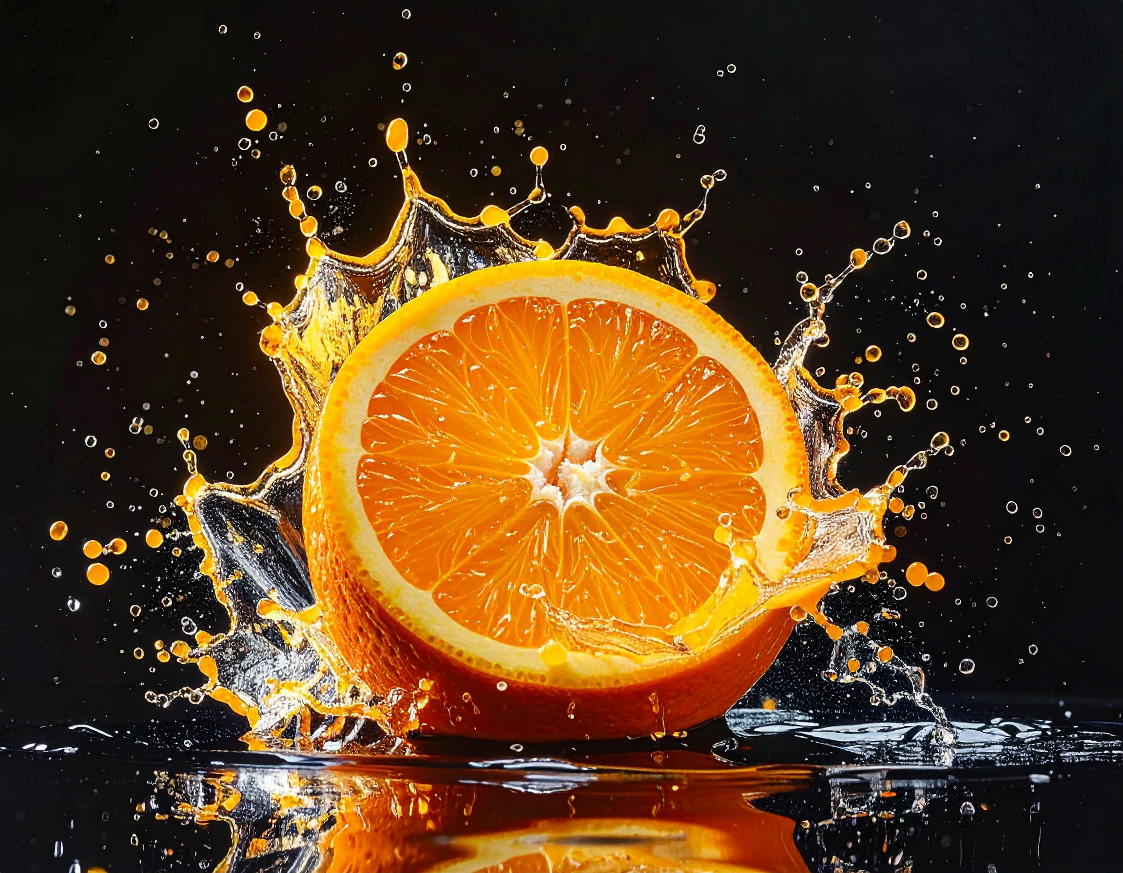 Metade de uma laranja fresca com suco espirrando ao seu redor em fundo preto. Ideal para campanhas publicitárias de bebidas naturais ou sucos refrescantes, destacando a vitalidade e o frescor. A imagem capta a cor vibrante da laranja e o movimento do suco, criando uma sensação de energia e frescor. Perfeita para uso em materiais promocionais de verão ou campanhas de saúde e bem-estar. A composição ressalta a naturalidade e apelo visual do produto.