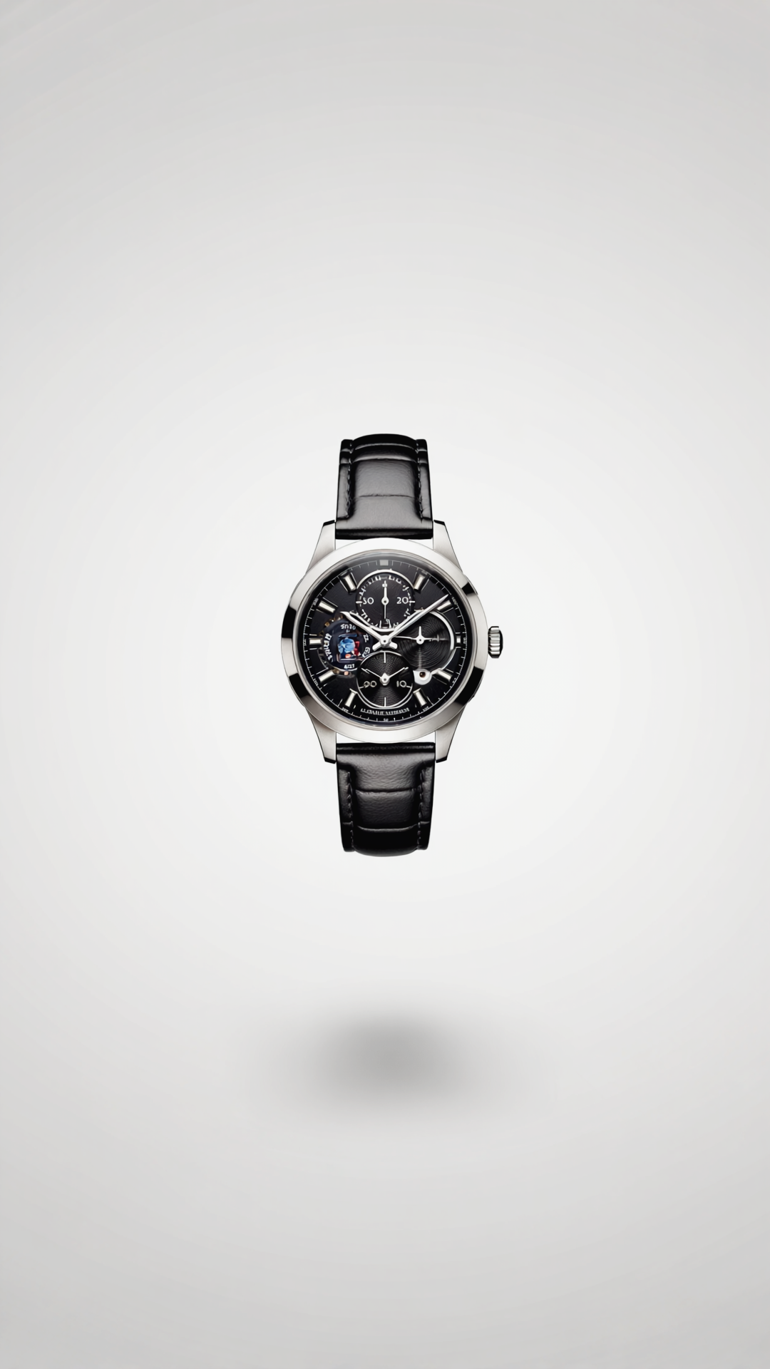 Luxury wristwatch with a black leather strap and stainless steel case