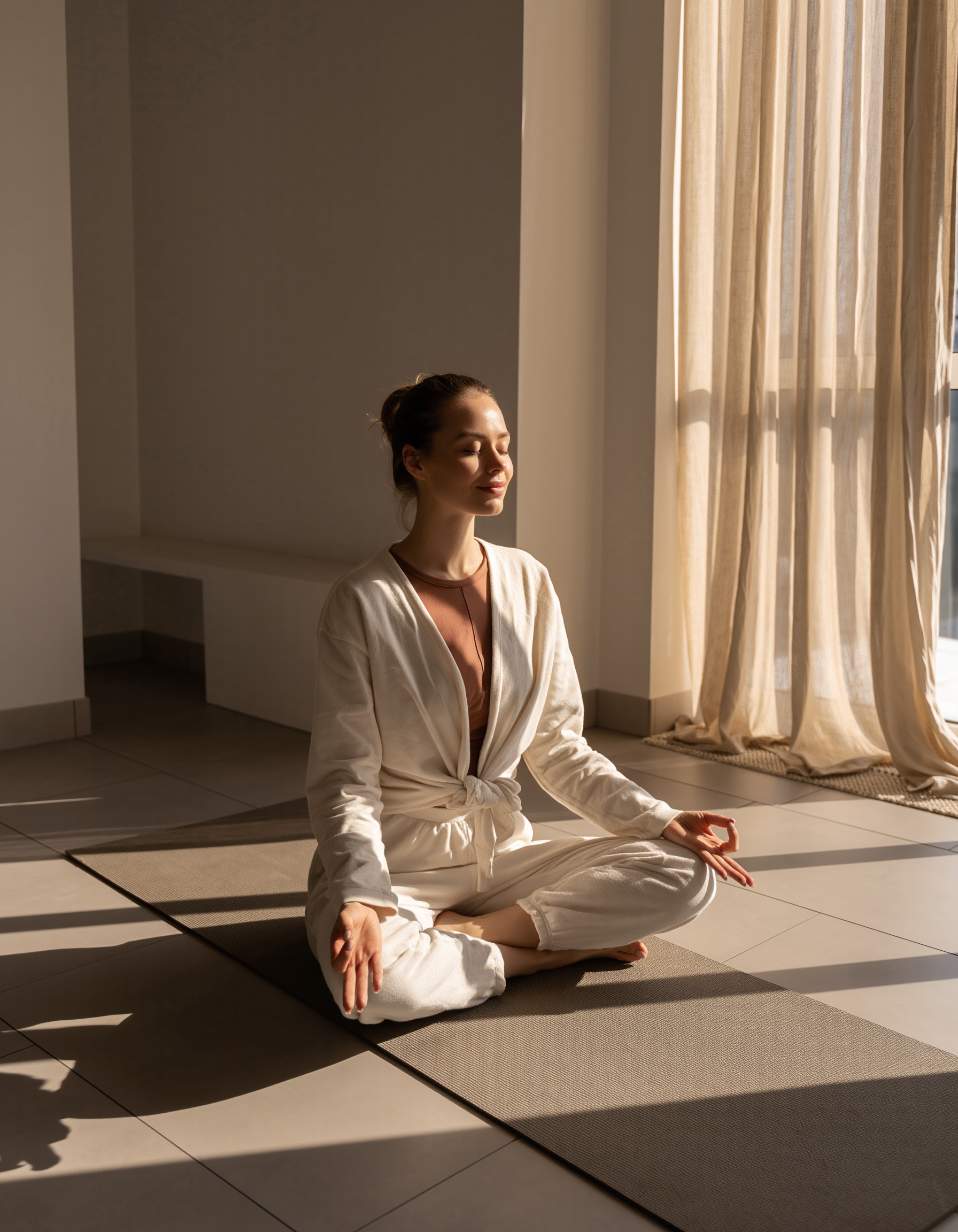 Mulher meditando em ambiente sereno com iluminação natural suave, transmitindo tranquilidade e equilíbrio. Cenário minimalista com cortinas translúcidas e tapete de yoga, ideal para práticas de mindfulness.