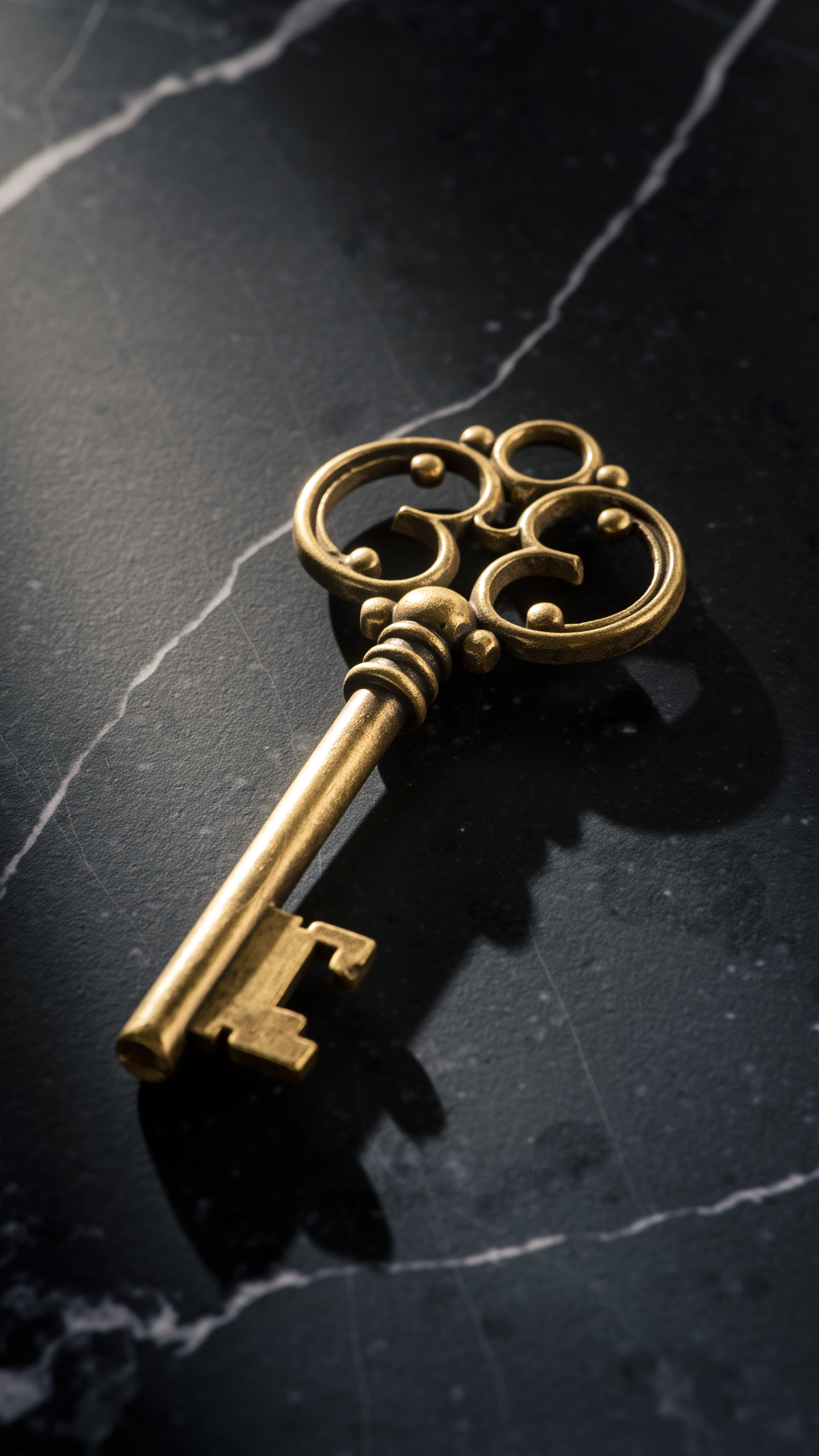 A vintage brass key rests elegantly on a sleek black marble surface