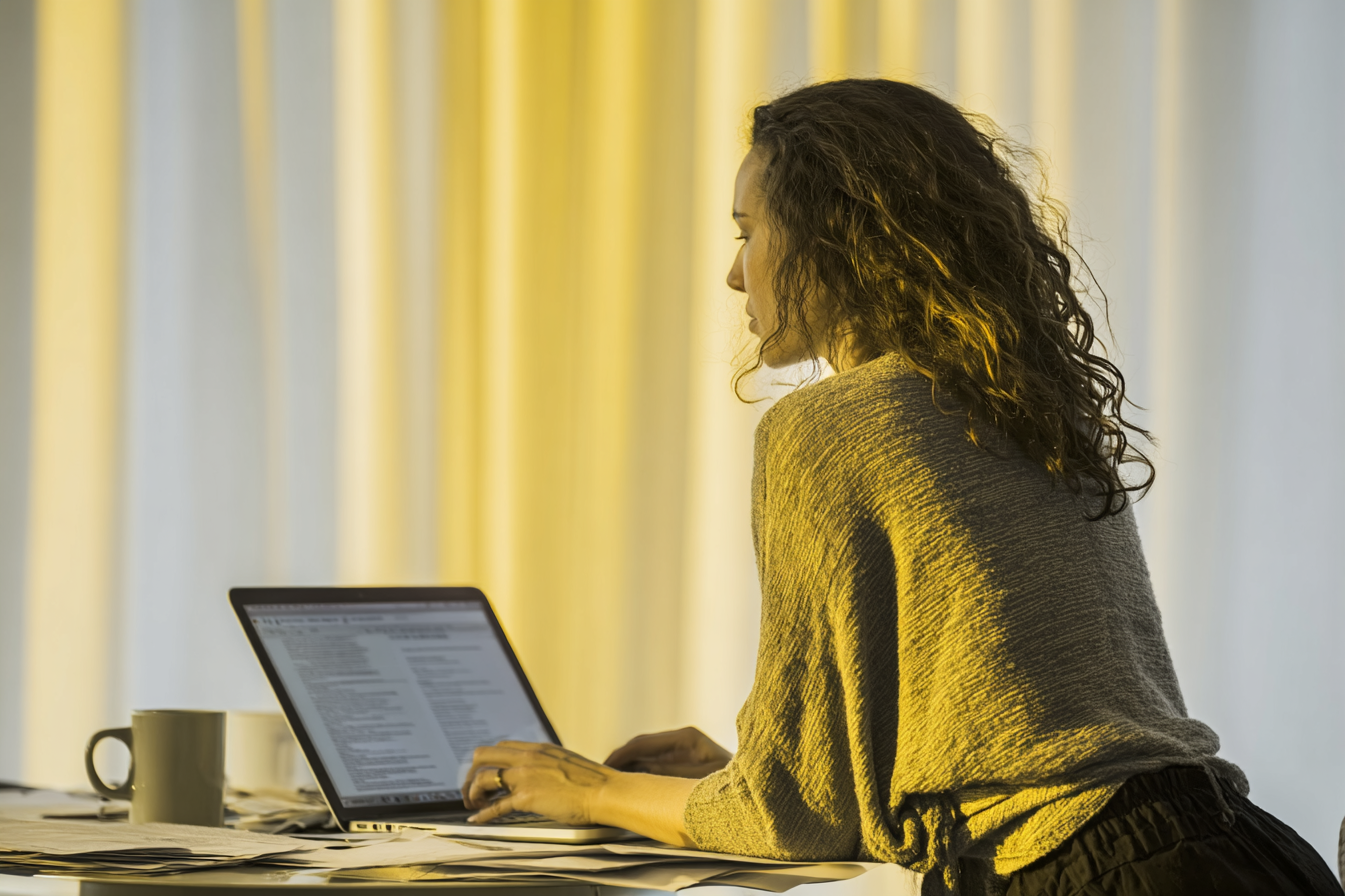 Mulher trabalhando em um laptop em um ambiente iluminado de forma suave, com luz dourada criando uma atmosfera tranquila. Ela está sentada à mesa repleta de documentos e xícaras de café, refletindo concentração e produtividade. A imagem captura um momento íntimo e focado, com fundo de cortinas claras e composição equilibrada.