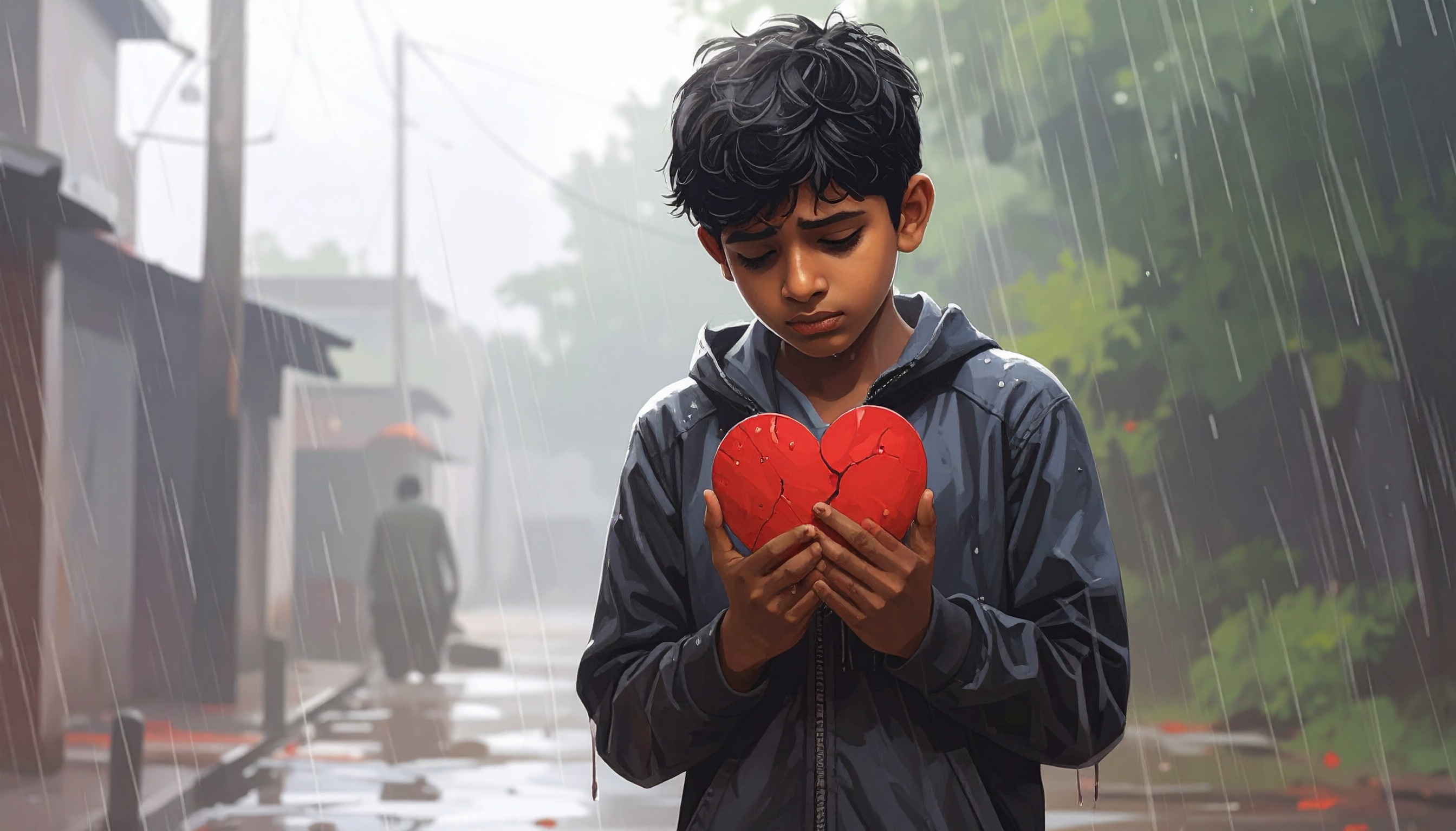 A young boy stands in the rain holding a broken red heart