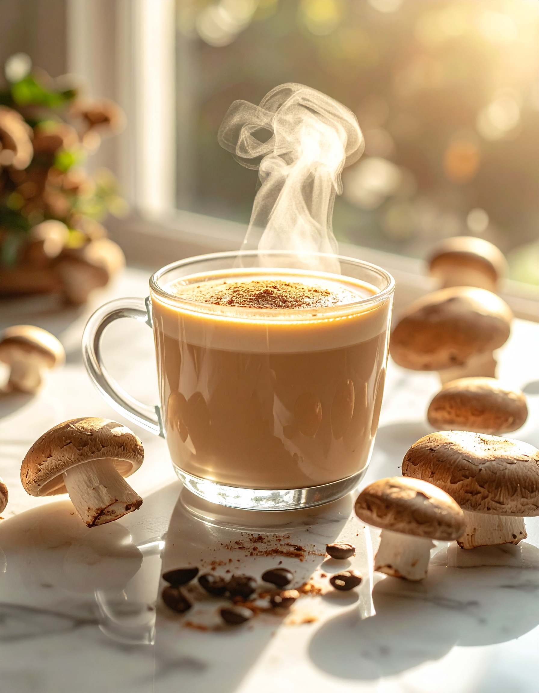 A steaming cup of mushroom coffee sits on a sunlit marble table surrounded by fresh mushrooms