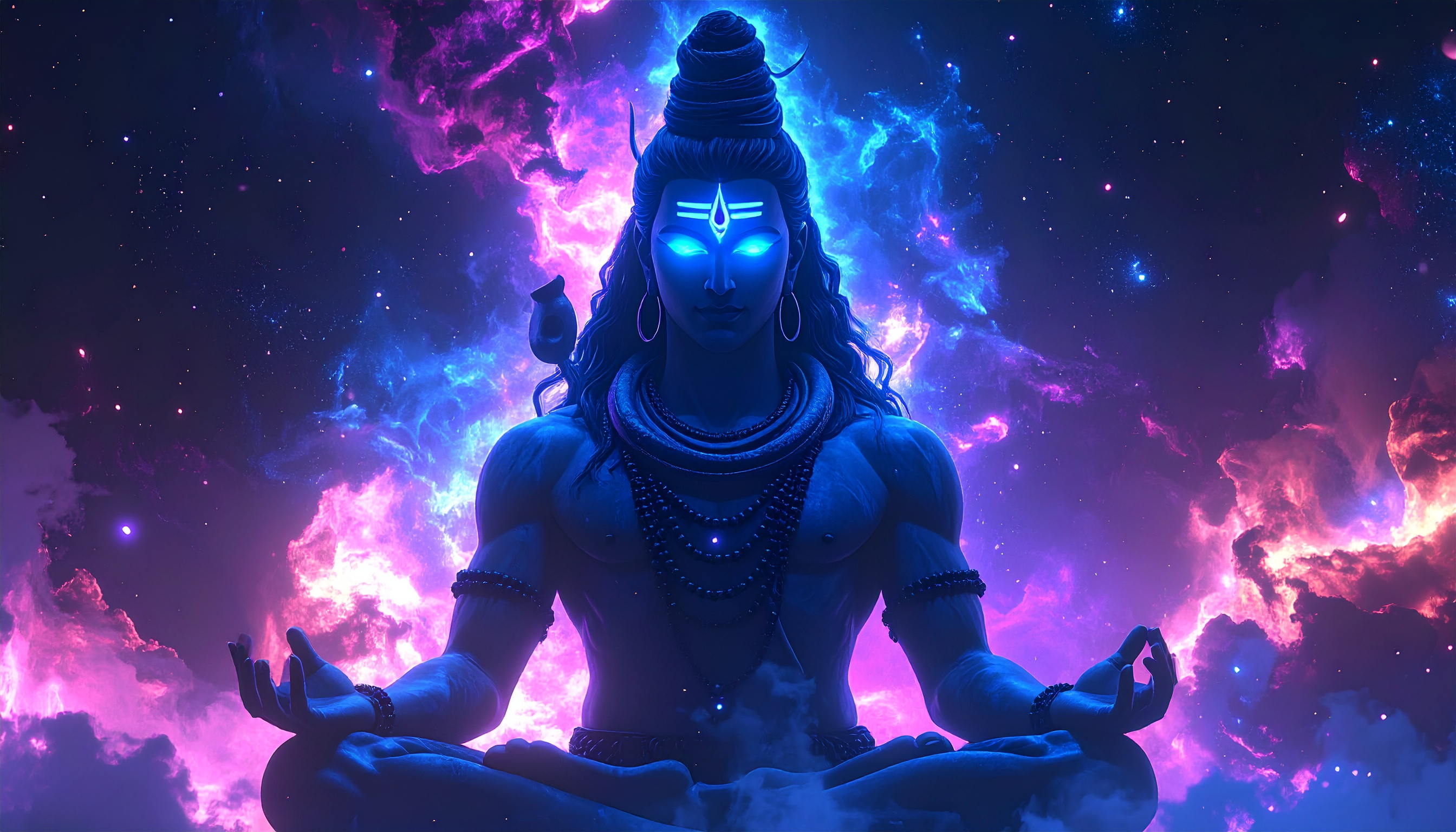 A digital representation of Lord Shiva meditates amidst a cosmic backdrop filled with vibrant blues