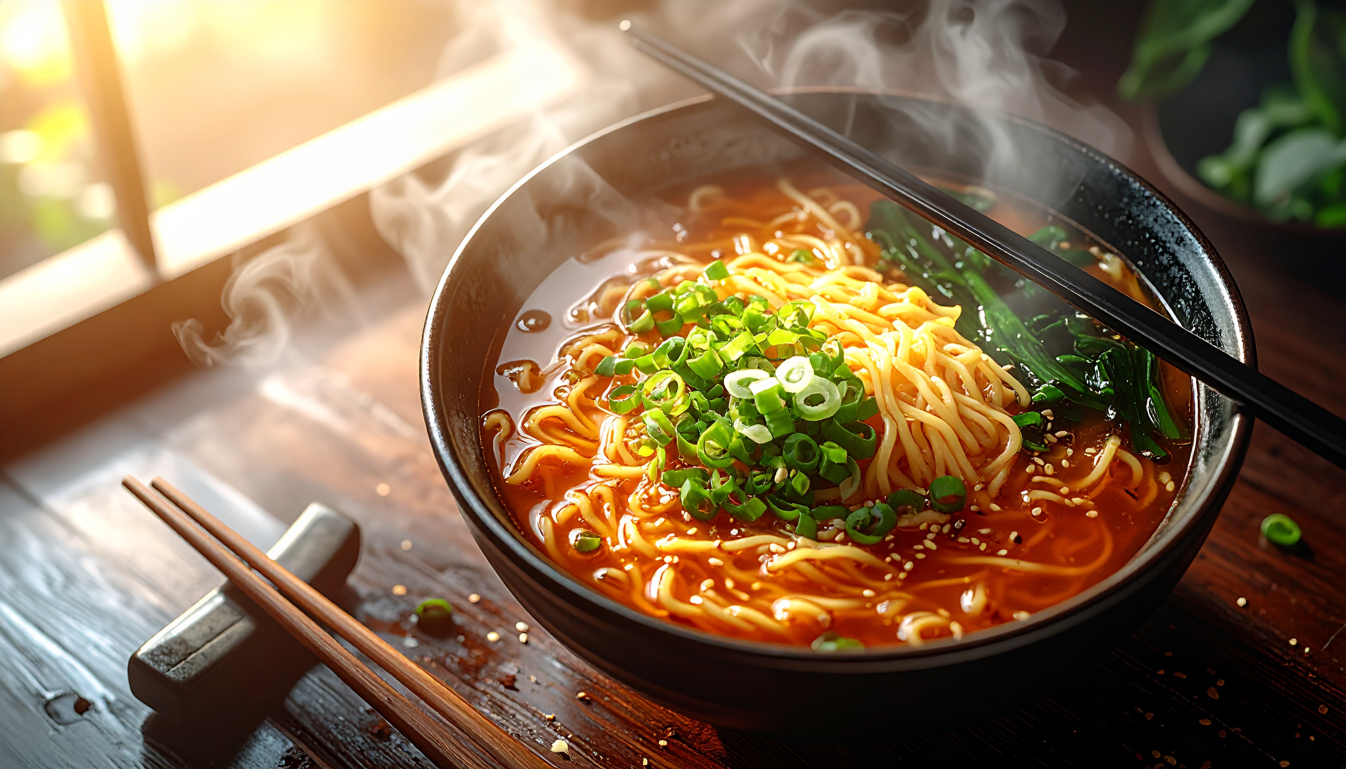 Tigela de ramen fumegante com cebolinha e espinafre frescos. Ideal para quem busca uma refeição reconfortante e saborosa, típica da culinária asiática. A composição visual destaca o vapor que exala do caldo, criando uma atmosfera acolhedora. Perfeito para ser apreciado em dias frios ou em momentos de relaxamento. O contraste das cores vivas dos ingredientes adiciona um toque apetitante e vibrante.