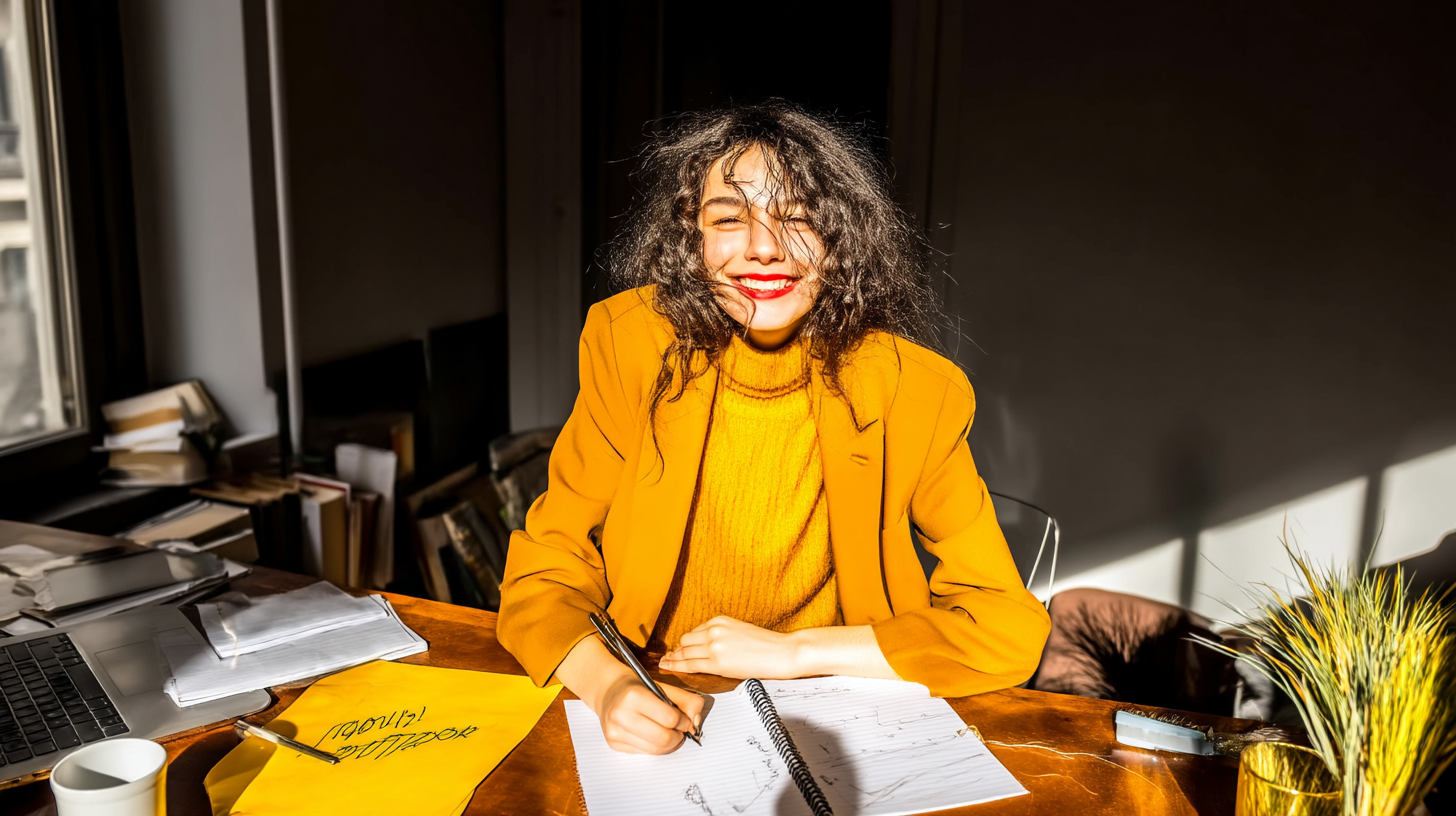 Uma mulher sorridente sentada à mesa iluminada pelo sol, com um bloco de notas e caneta. Ela veste um casaco laranja vibrante, contrastando com a luz suave que entra pela janela, criando uma atmosfera calorosa e criativa. Livros e papéis estão dispostos ao fundo, sugerindo um ambiente de trabalho descontraído e inspirador.