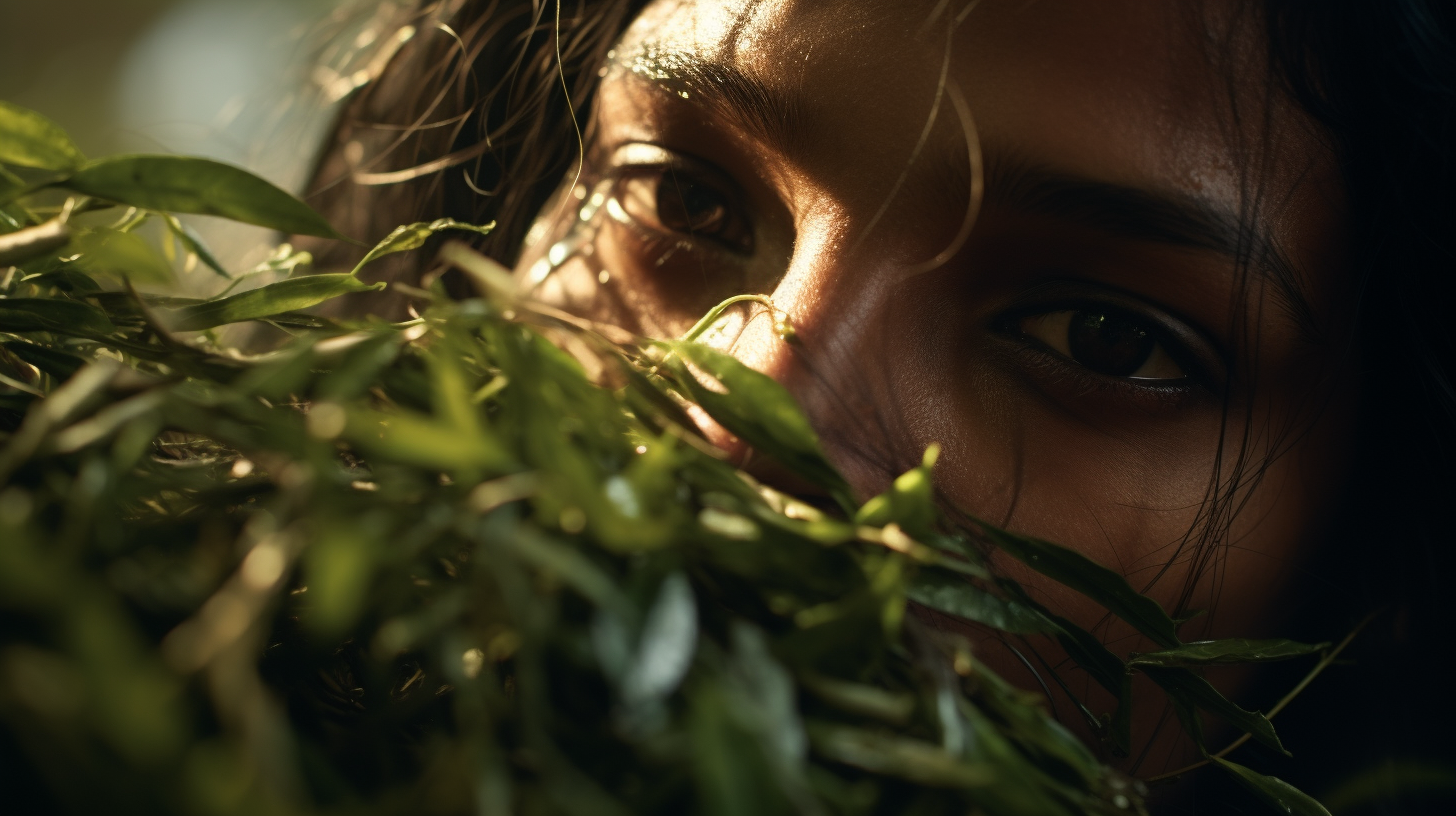 Close-up portrait of a person partially obscured by lush green foliage, highlighting expressive eyes and natural beauty. The interplay of light and shadows creates a serene and intimate atmosphere, emphasizing the connection between humanity and nature.
