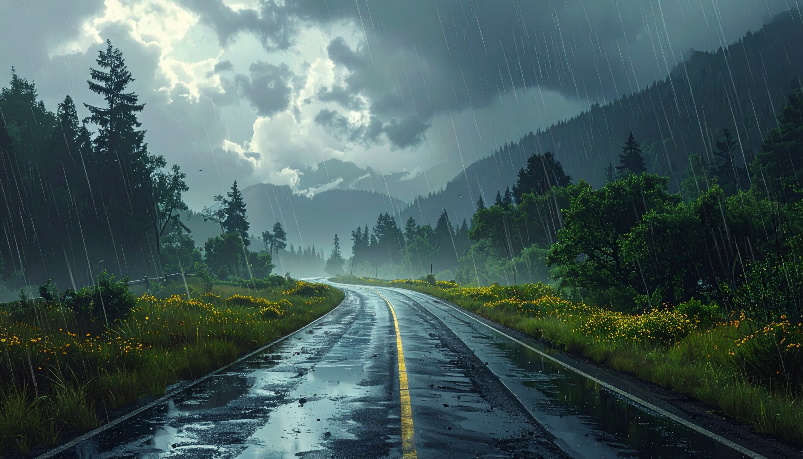 A winding road through a lush forest under a dramatic rainy sky