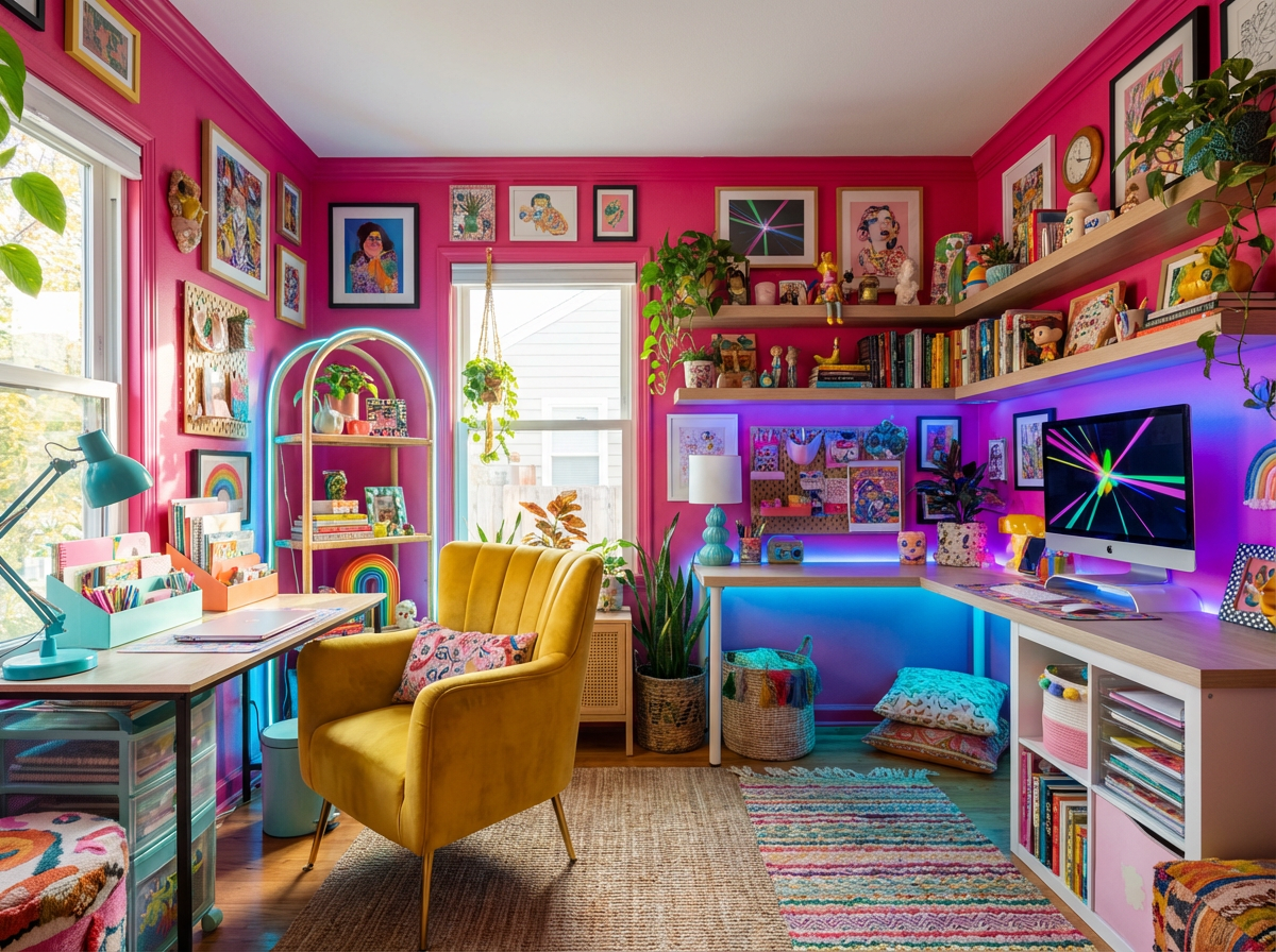 A vibrant home office features bold pink walls and eclectic decor