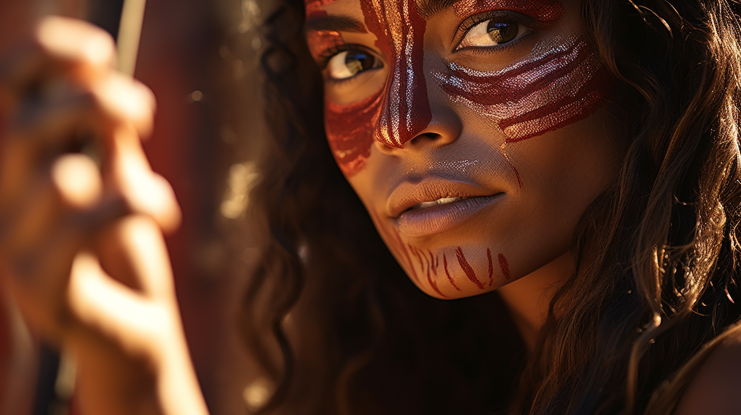 Retrato de uma mulher com pintura facial tribal, destacando traços artísticos em tons vermelhos e metálicos. A imagem captura sua expressão intensa e envolvente, com luz suave e um fundo desfocado que realça sua presença.