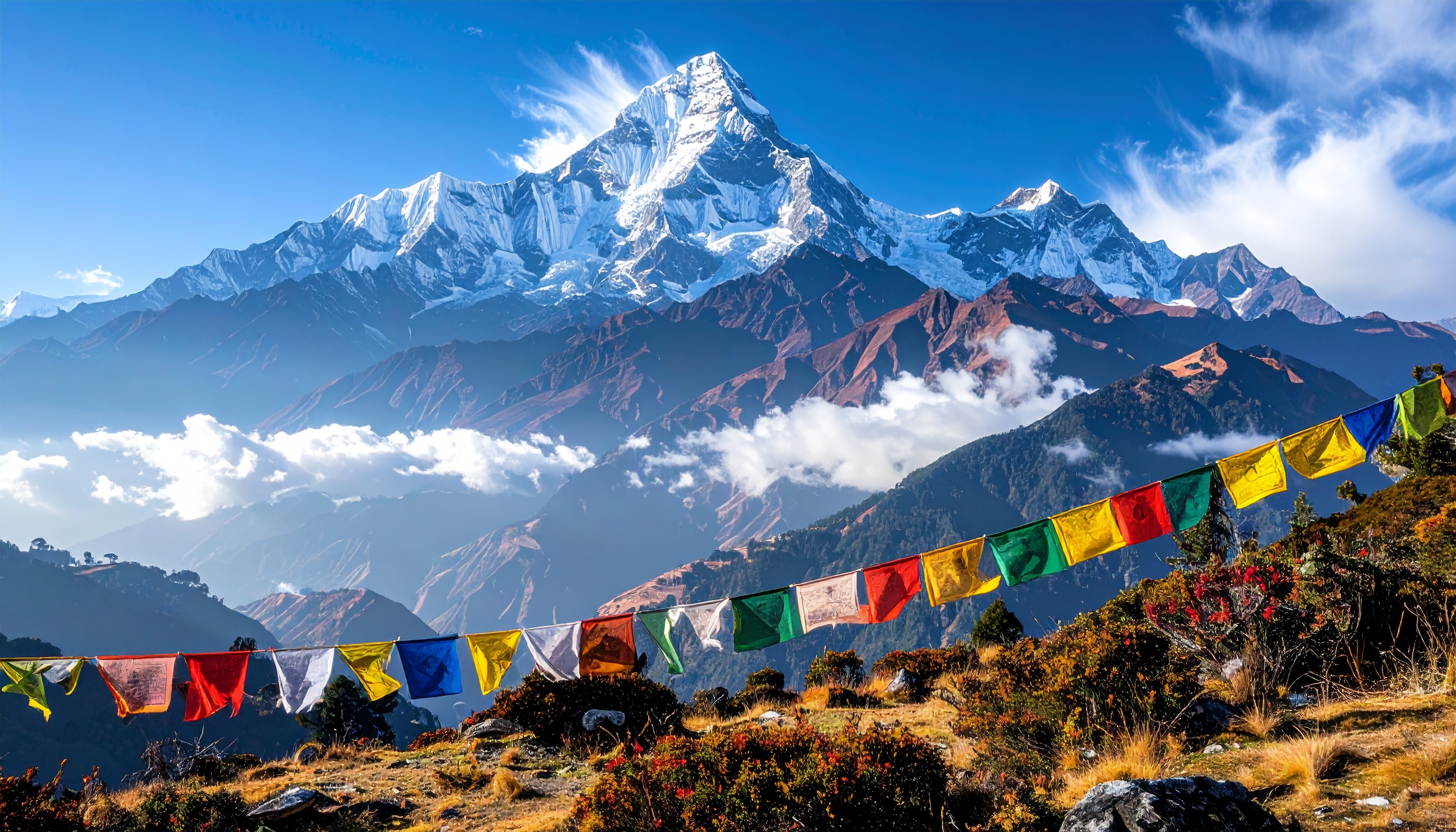 Imponência do Himalaia com bandeiras de oração tibetanas coloridas em primeiro plano. Utilizadas para promover paz, compaixão e força, essas bandeiras são tradicionais no Nepal. As montanhas cobertas de neve contrastam com o céu azul claro e as cores vibrantes das bandeiras. Ideal para ambientes que buscam transmitir tranquilidade e espiritualidade. A imagem captura a serenidade e beleza da natureza elevada.